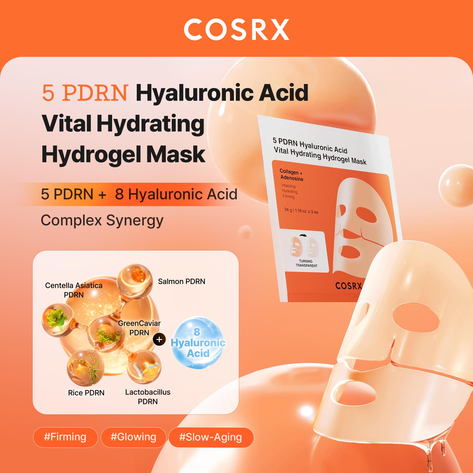 COSRX Advanced  Glass Glow Hydrogel Face Masks Skincare 3 EA, Collagen Face Mask, Travel Essentials, Overnight Face Mask, Korean Skin Care: 5 PDRN