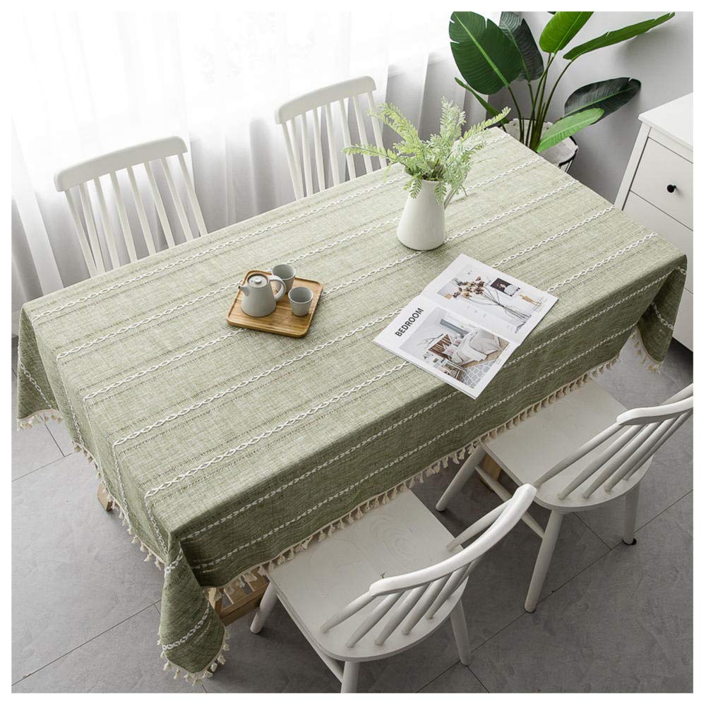 WLL Nappe de Table en Lin de Coton, 110x160cm, Vert Nappe rectangulaire de Style Simple avec Pompon décoratif, Lavable, Housse de Table Basse Anti-poussière pour Salle à Manger Maison Cuisine Jardin
