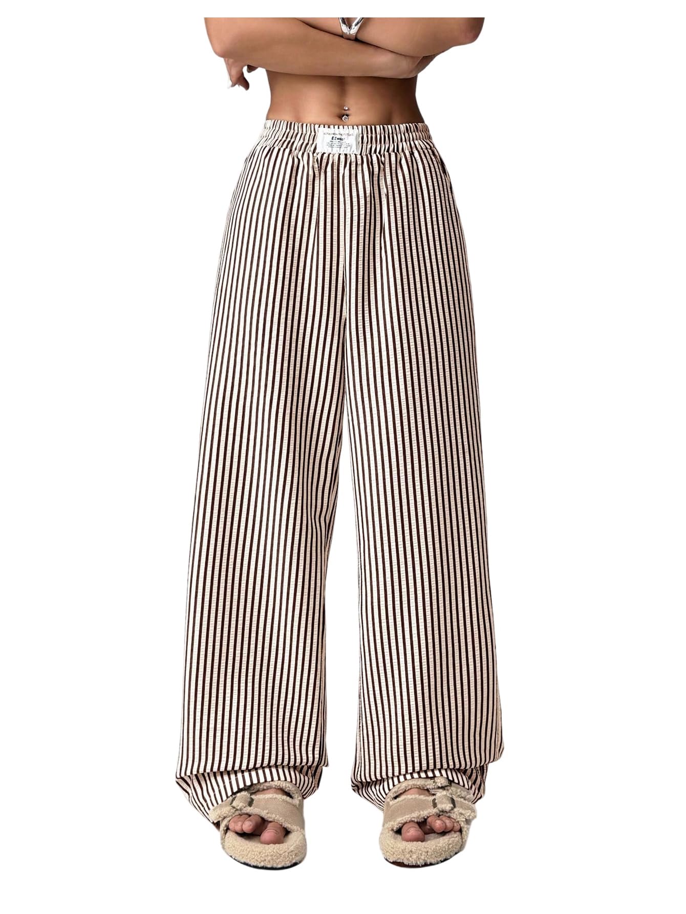 Womens Striped Wide Leg Pants Elastic Waist Letter Patched Long Trousers with Pockets