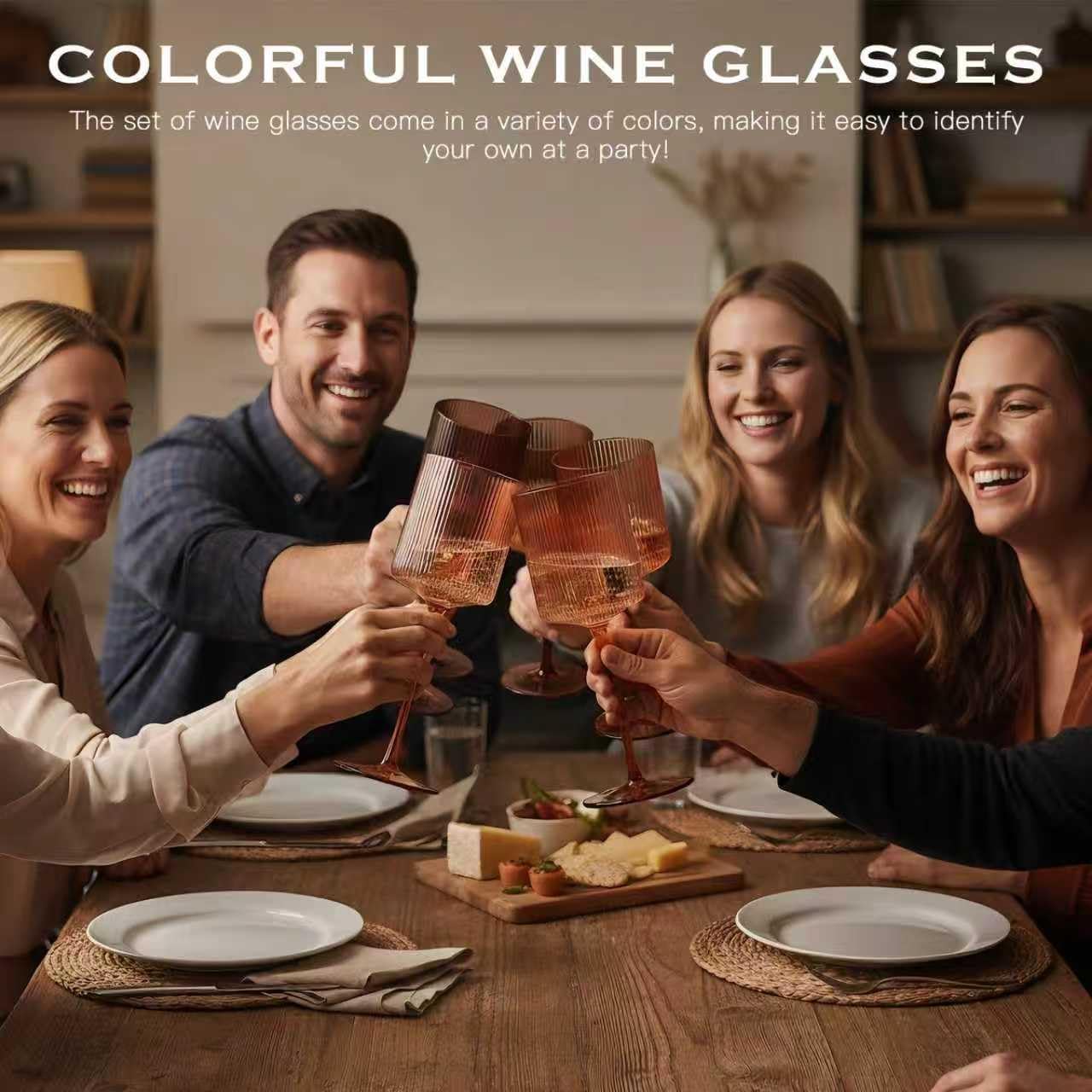 Melanin Colored Square Wine Glasses Set of 6, Elegant Ribbed Design Amber Crystal Glassware with Long Stem, 11.5oz Hand Blown Red & White Wine Stemware For Home Bar Deco,Party,Wine Dinner- Multicolour