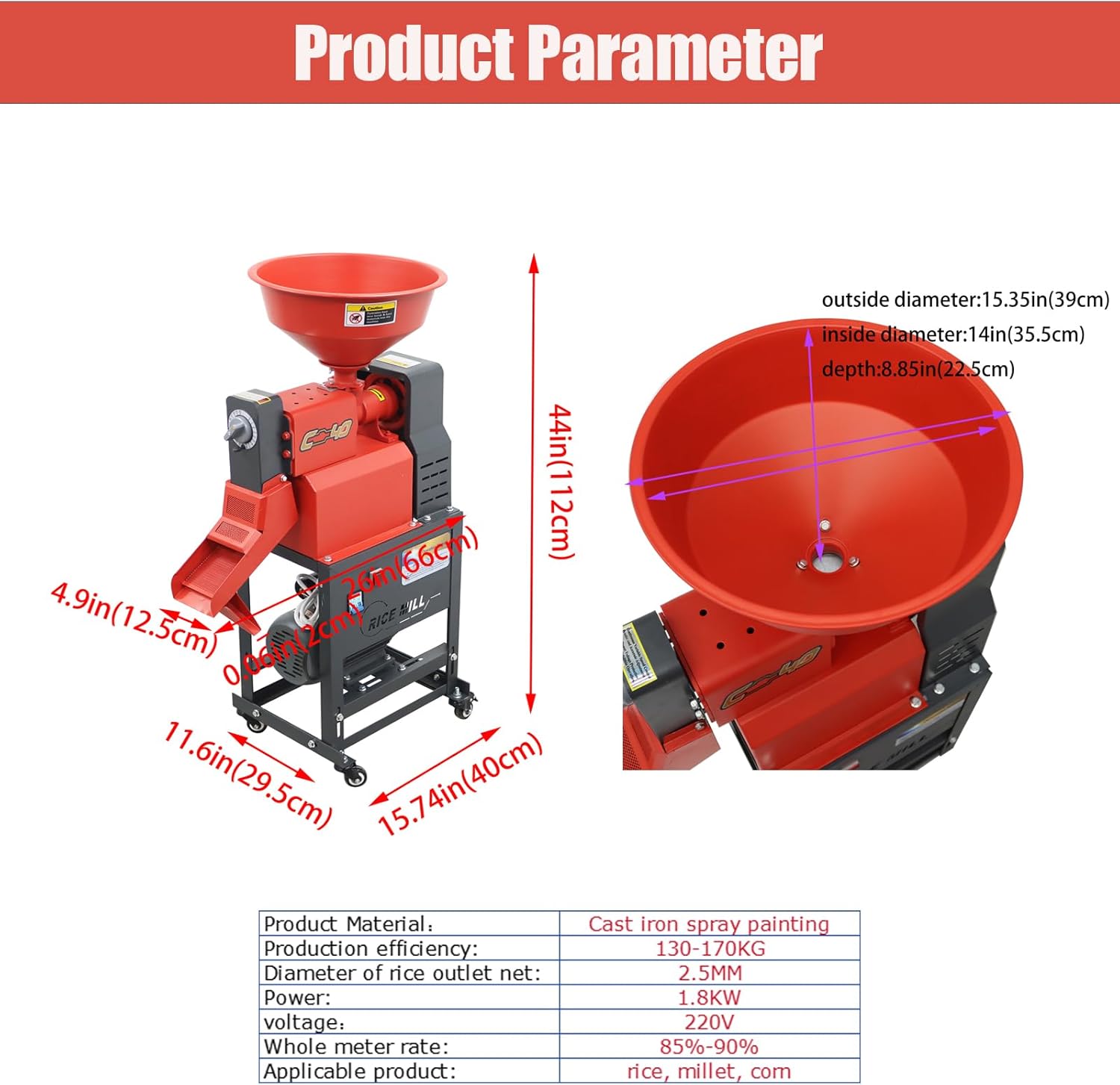 220v 1.8kw Commercial Rice Milling Machine,374lbs/h Rice Sheller& Grain Miller with Adjustable Flow Regulator