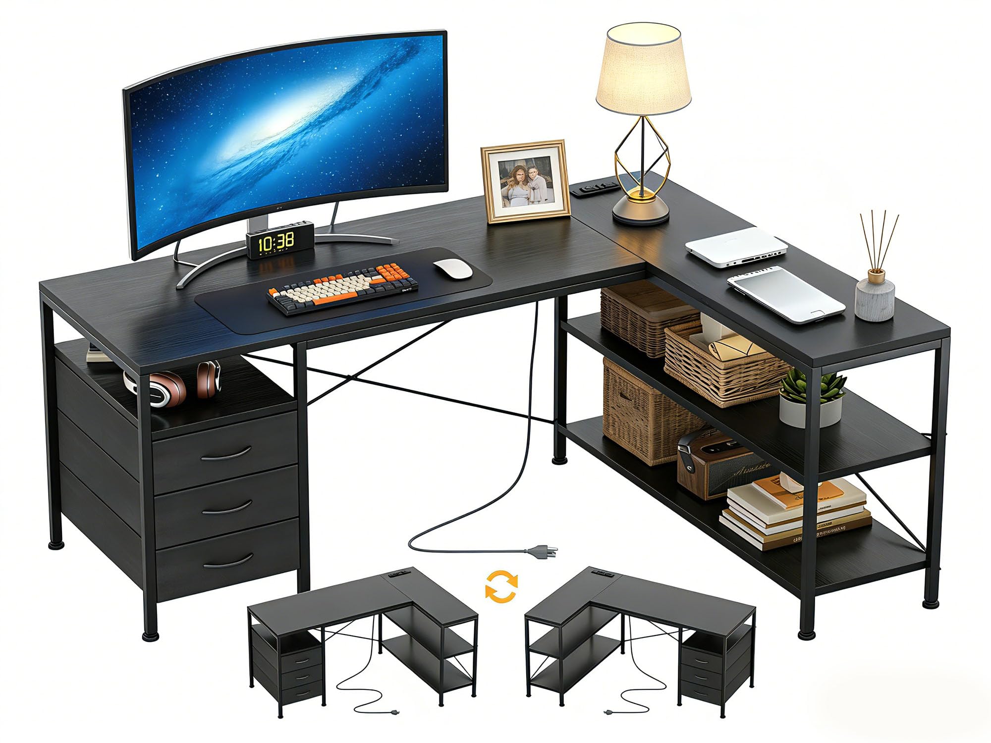 Alpen L Shaped Desk, Black Desk for Bedroom, Gaming Table with Power Outlets, 3 Drawers and Shelves, Large Corner Desk for Gaming, Study Writing PC
