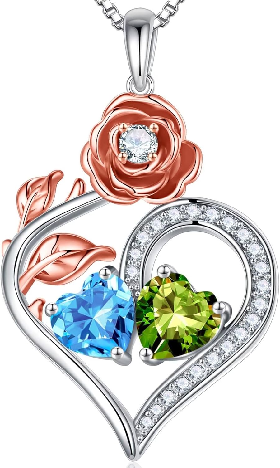 Iefil Rose Heart Necklaces Gifts for Women – 925 Sterling Silver Double Birthstone Necklace, Anniversary Birthday Gifts for Women, Personalized Gifts, Jewelry Gifts for Mom Wife Girlfriend
