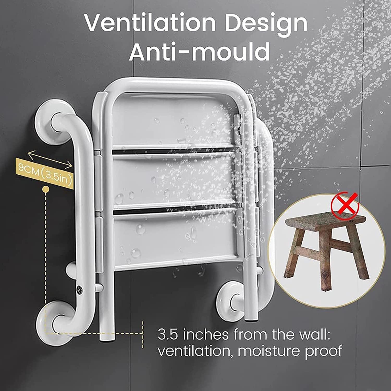 Asiento de Ducha abatible montado en la Pared Silla De Ducha Plegable Con Reposabrazos, Asiento De Ducha Montado En La Pared for Personas Mayores, Banco De Ducha De Baño Plegable Multifuncional 2 En 1
