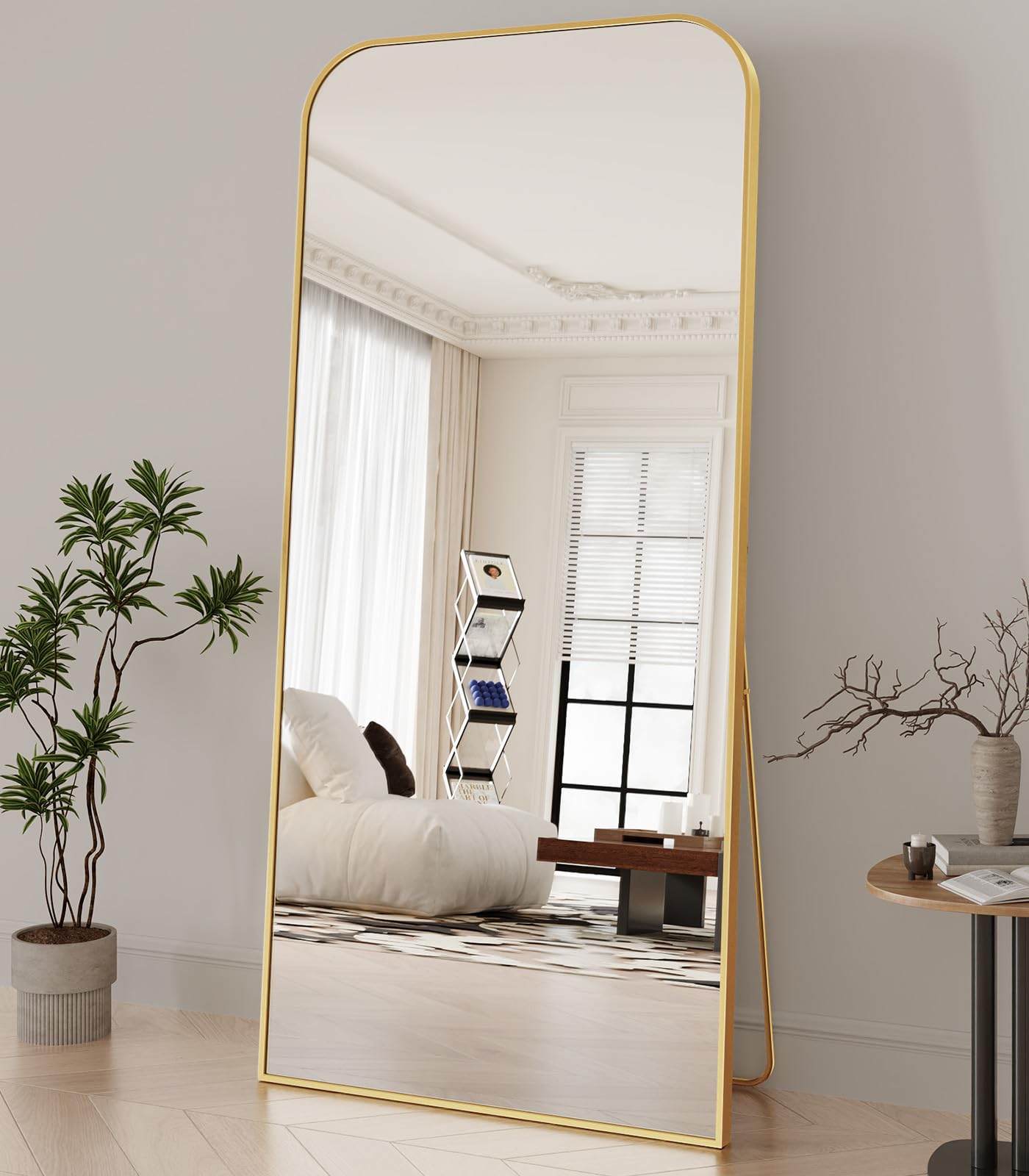 Koonmi Full Length Mirror, 71'x30' Mirror Full Length with Stand, Gold Domed Top Square-Edged Floor Mirror with Aluminum Alloy Frame