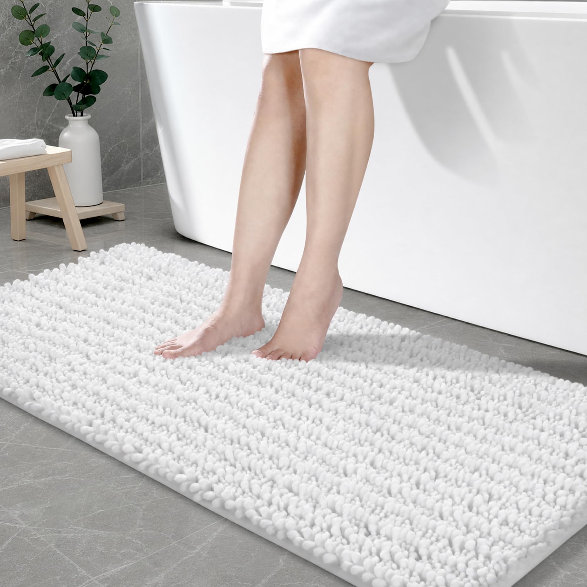 ILANGO Bathroom Rugs White 55x24,Extra Soft Absorbent Chenille Bath Rugs