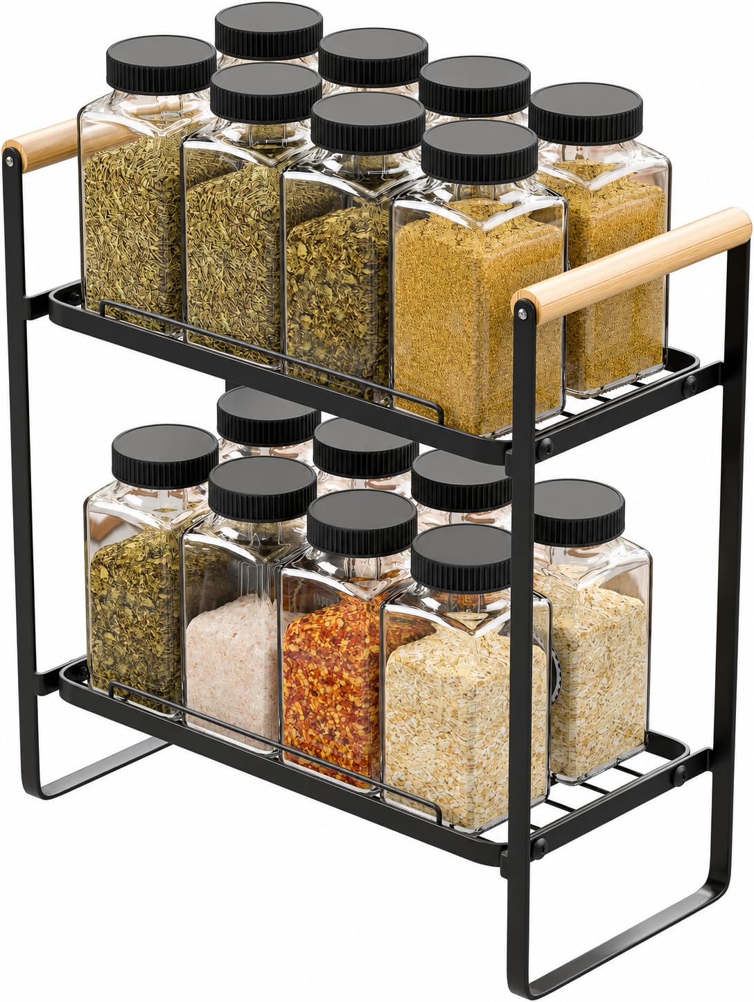 Amig - Scaffale Portatile a 2 Livelli - Organizer per Cucina o Bagno - Acciaio Nero e Bambù - Dimensioni: 260 x 130 x 287 mm