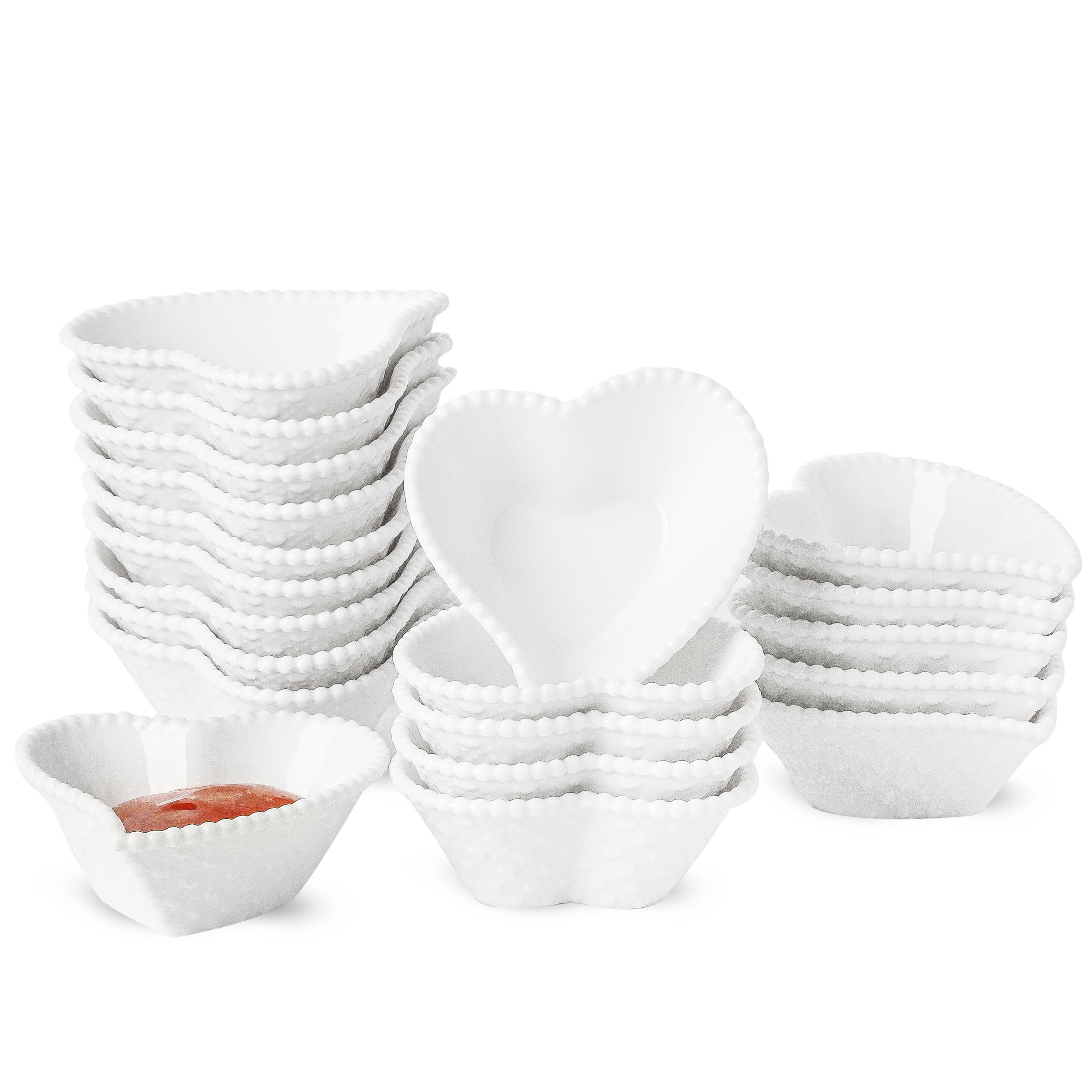 UIBFCWN Lot de 20 mini bols à sauce soja en céramique de 7,6 cm en forme de cœur pour accompagnement, bols de service polyvalents pour ketchup, sushis