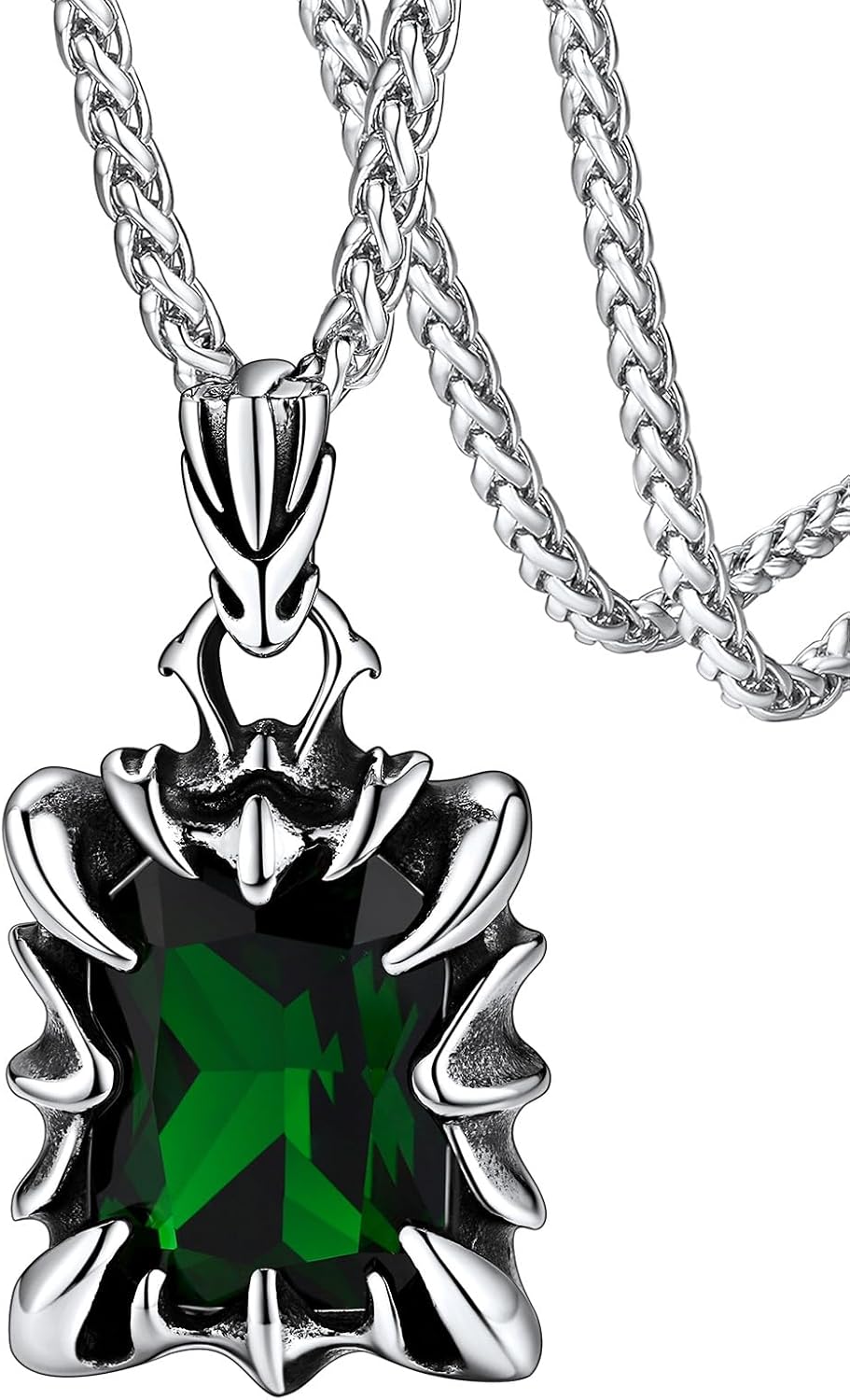 FaithHeart Gothic Dragon Claw Necklace for Men, Punk Biker Stainless Steel Amulet Pendant with Black/Red/Green/Blue Gemstone, Gift Box