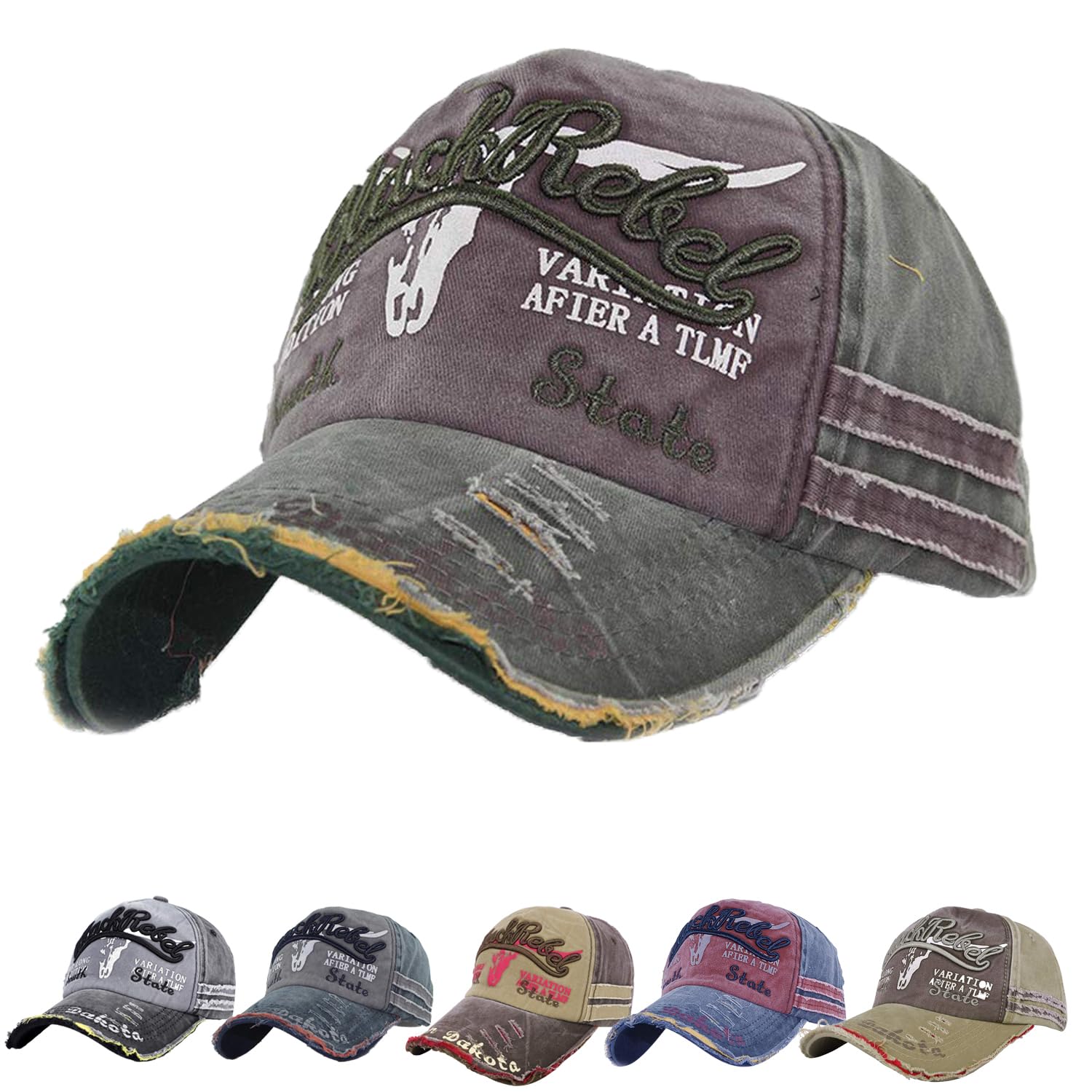 ITODA Vintage Baseball Cap Adjustable Peaked Cap Distressed Snapback Hat Edge Grinding Do Old Hat Breathable Cotton Washed Baseball Green