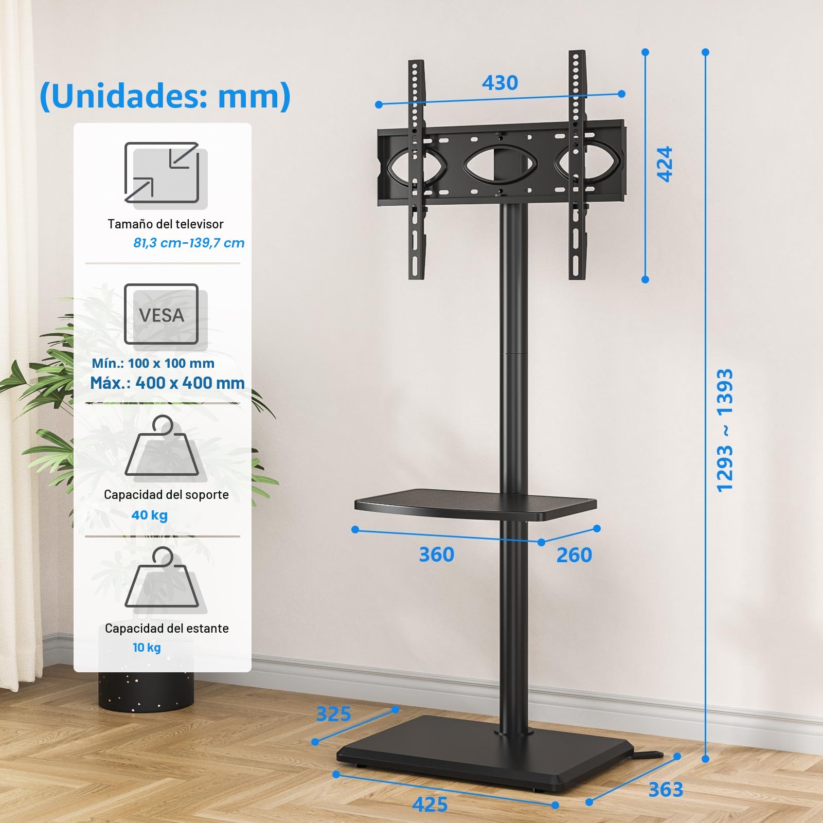 5Rcom Soporte de giratorio universal para TV para Televisores de 32 a 60 Pulgadas, hasta 40 kg, Soporte TV Suelo Ajustable en altura , MAX VESA 400x400mm,negro