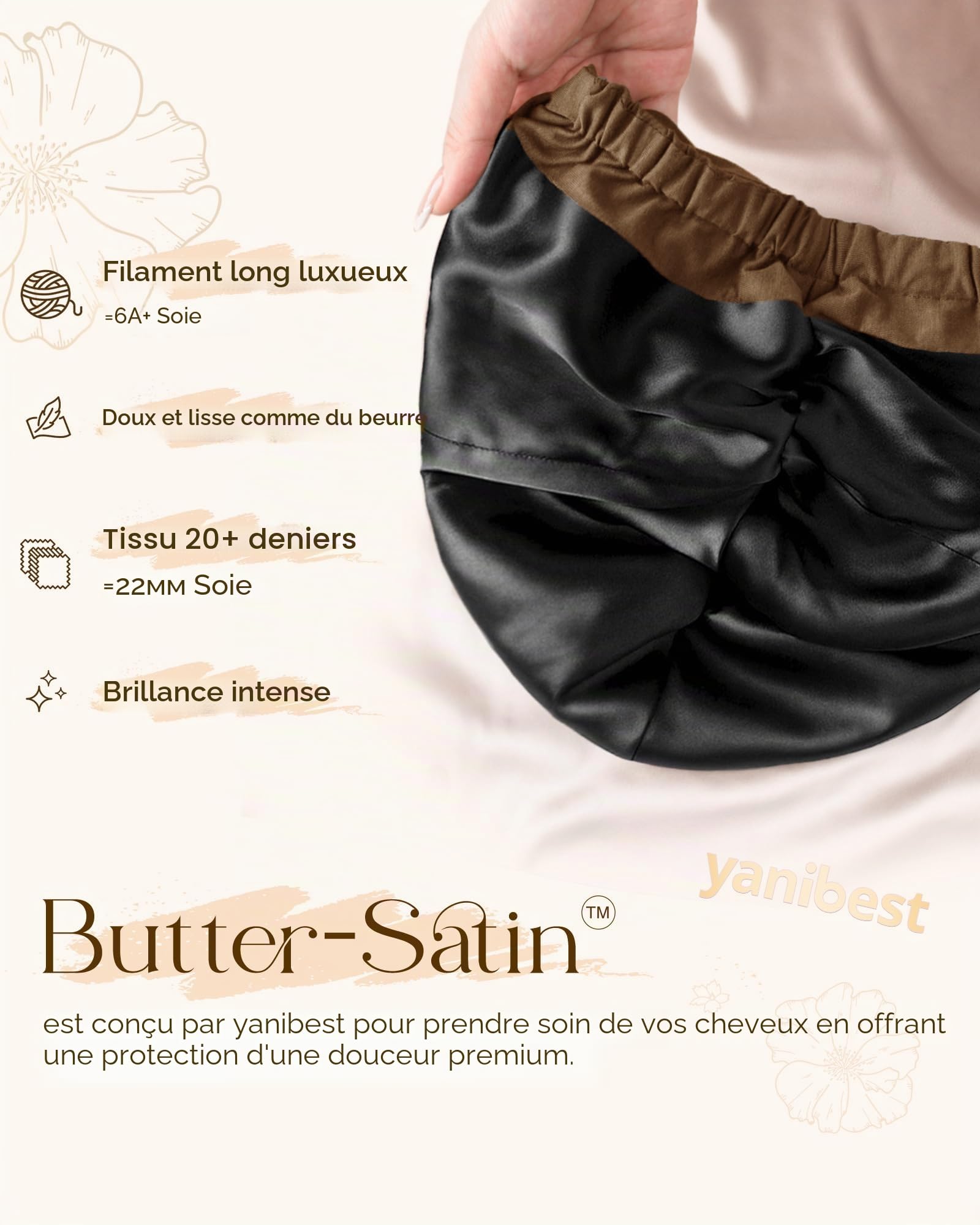YANIBEST Bonnet en soie pour femmes endormies, double couche en satin avec élastique, bonnet de nuit cheveux naturels bouclés