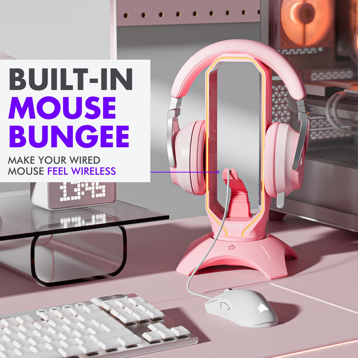 Tilted Nation RGB Gaming Headset Stand 3 in 1 rosa Kopfhörer Ständer mit Maus Bungee und 2 Port USB Hub Ladegerät Das ultimative Gaming Zubehör und Gamer Geschenk RGB Kopfhörerhalter für Schreibtisch