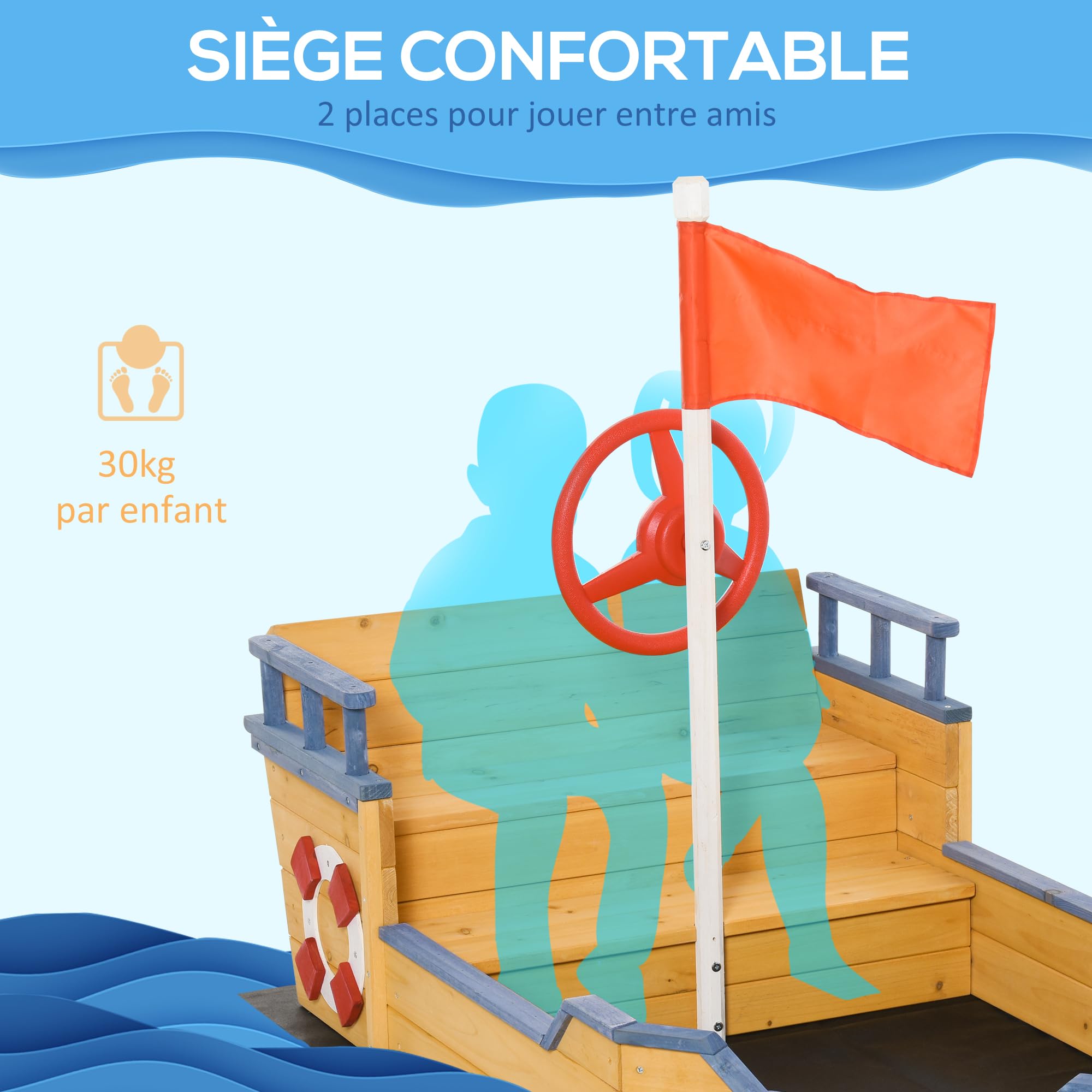 Outsunny Bac à Sable Enfant Bateau Pirate avec Rangement en Bois de Sapin | Gouvernail, drapeau rouge, 2 marches, tissu non tissé, jaune