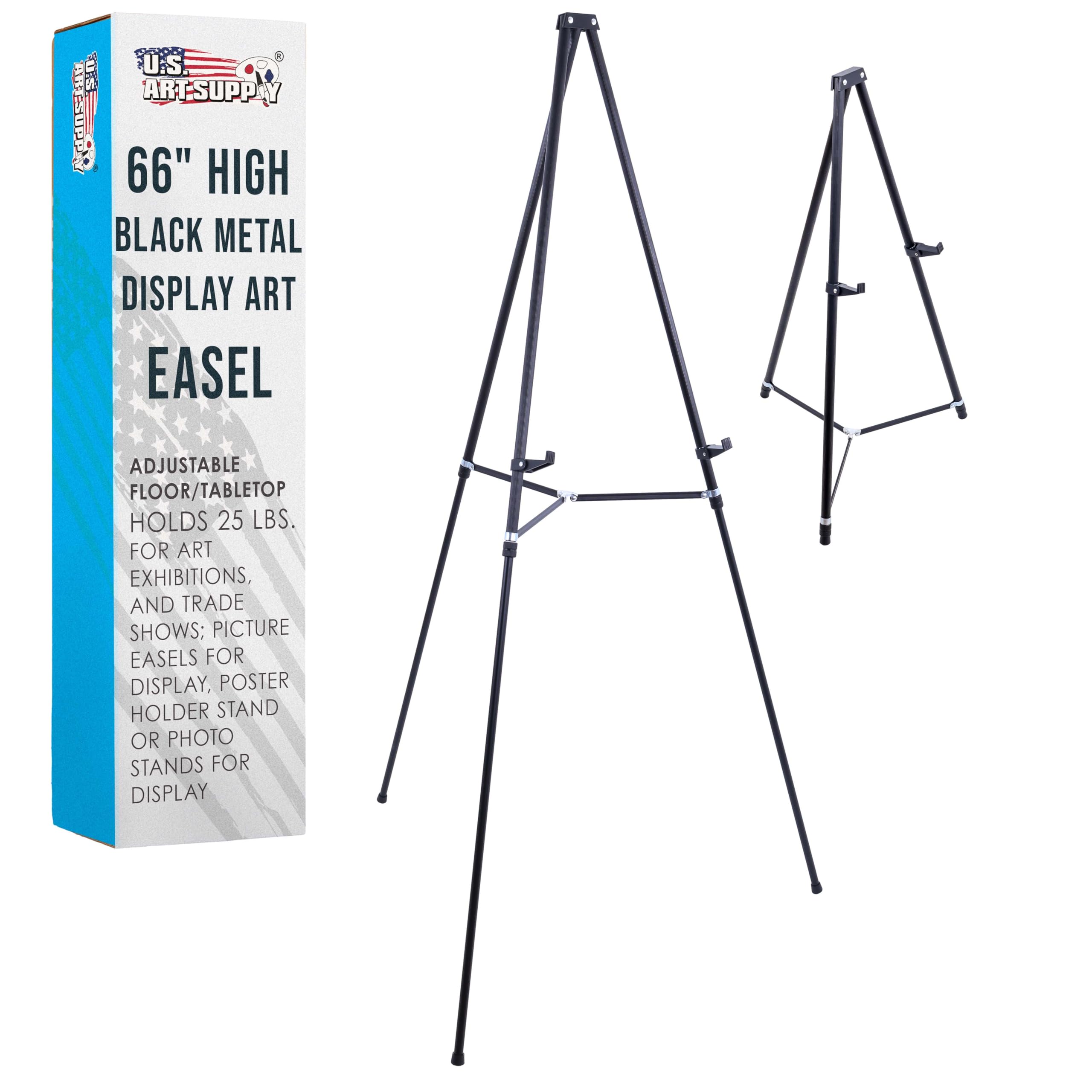 66" High Black Metal Display Art Easel - Large Adjustable Height Portable Easel Stand, Sign Display, Holds 25 lbs - Floor & Tabletop Easels, Sign Stand