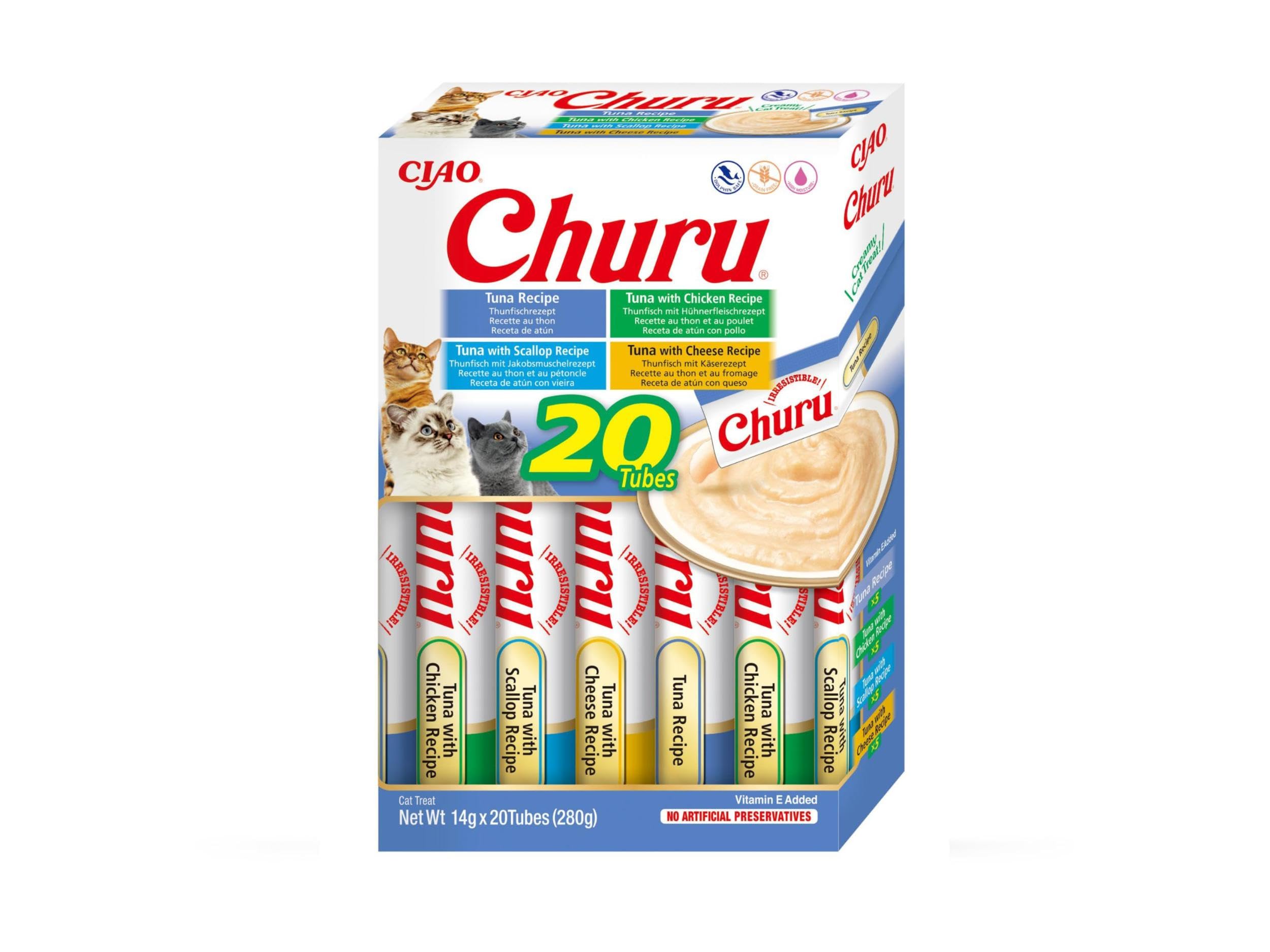 INABA Churu Snack per Gatti Cremoso in 4 Varietà al Tonno - 20 Stick x 14g - Cibo per Gatti da Leccare, Sano e Delizioso - Snack Gatto Senza Conservanti o Coloranti Artificiali, Grain-Free