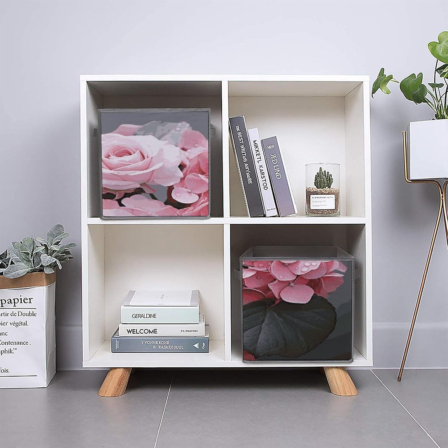 Multi Use Organizer Bins, Pink Rose Hydrangea Printed Storage Bins, Foldable Storage Baskets Are Suitable For Bedrooms, Offices, And Cars
