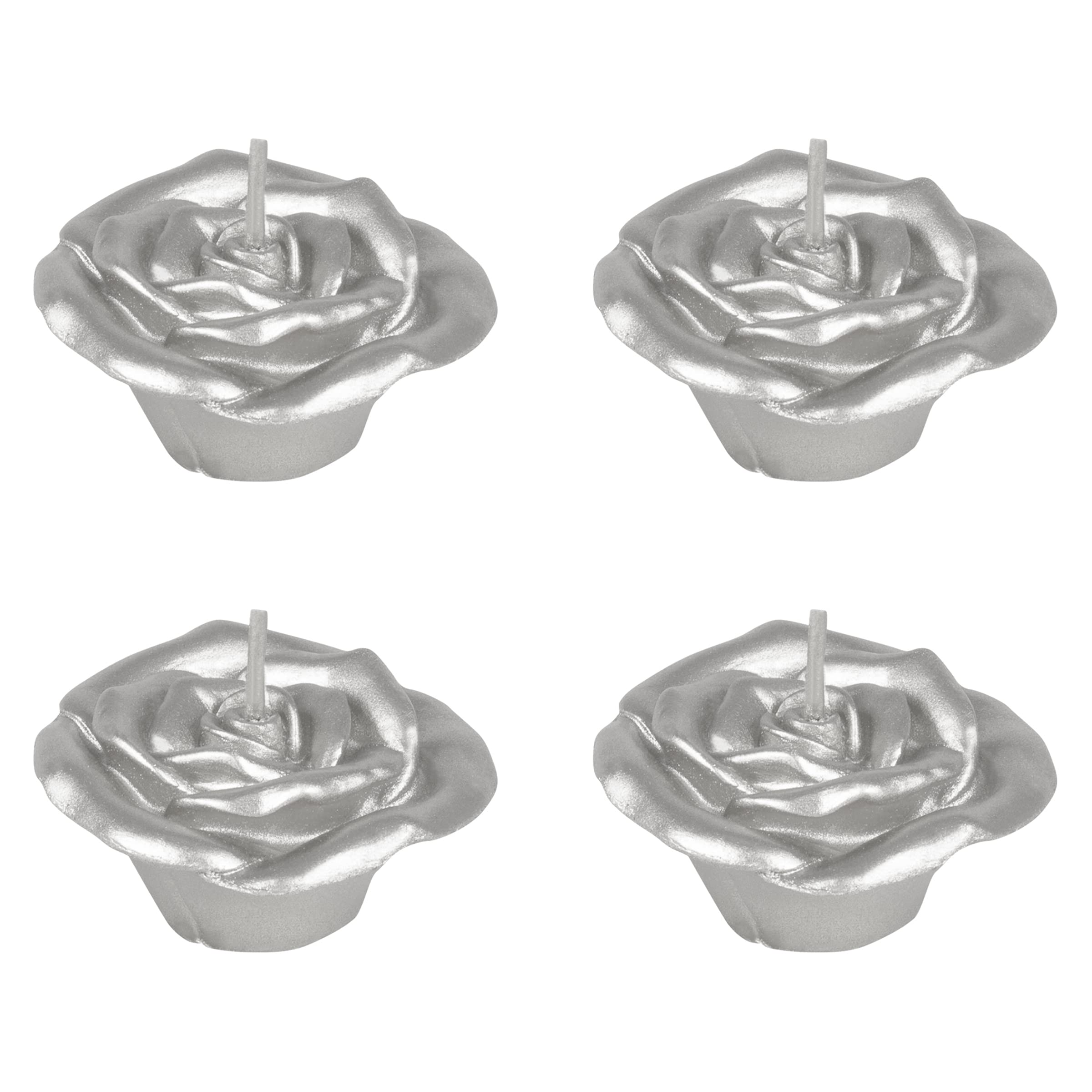Mega Candles4 pcs Unscented Silver Floating Rose Petals Flower Candle, Hand Poured Paraffin Wax Candles 2 Inch Diameter, Home Décor, Wedding Receptions, Baby Showers, Birthdays, Parties & More