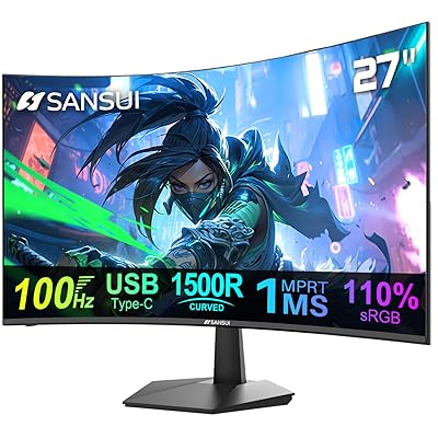 SANSUI Curved Monitor 27 inch 100Hz USB Type-C Computer Monitor with Speakers Built in丨FHD 1080p丨HDR丨110% sRGB丨1500R丨VESA Compatible,for Tablet,Desktop,Laptop and PC Work Gaming