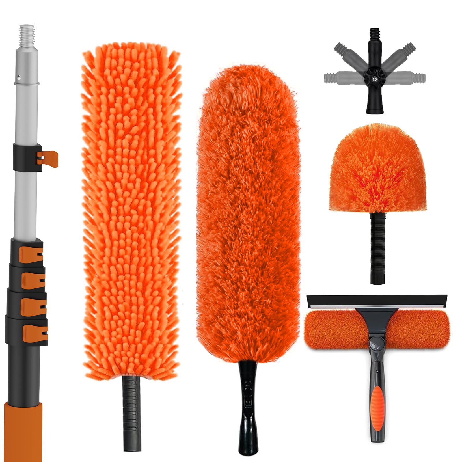 SISUPASSIE 7,2m Plumeau Poussiere Telescopique avec Perche Télescopique, Plumeau Microfibre, 2-en-1 Raclette Vitre Professionnel, Utilisation intérieure et extérieure