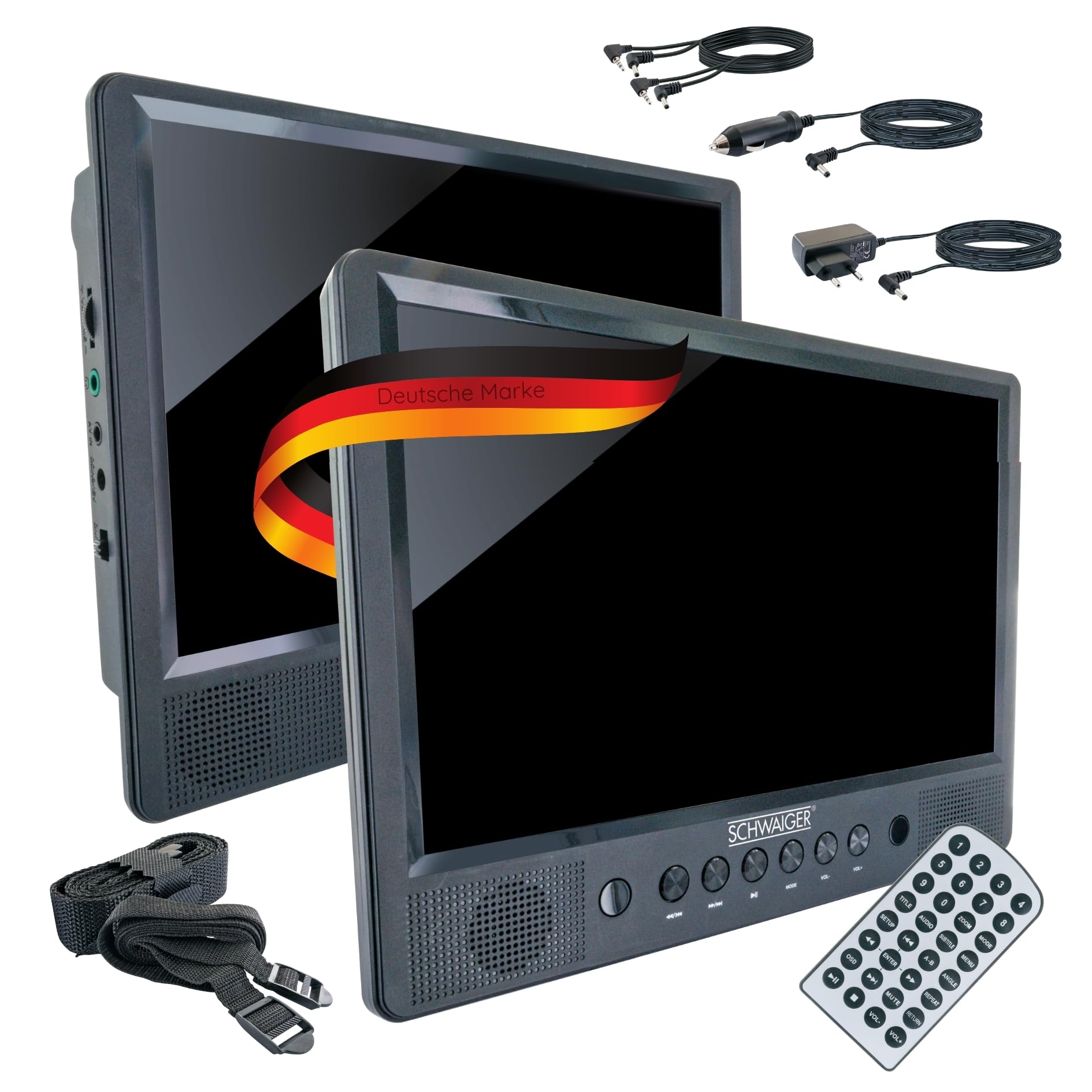 SCHWAIGER 716474 Reproductor DVD portátil 2 pantallas Reproductor de vídeo portátil Batería Mando a distancia Ranura SD Conexión USB Soporte para coche incl. material de montaje