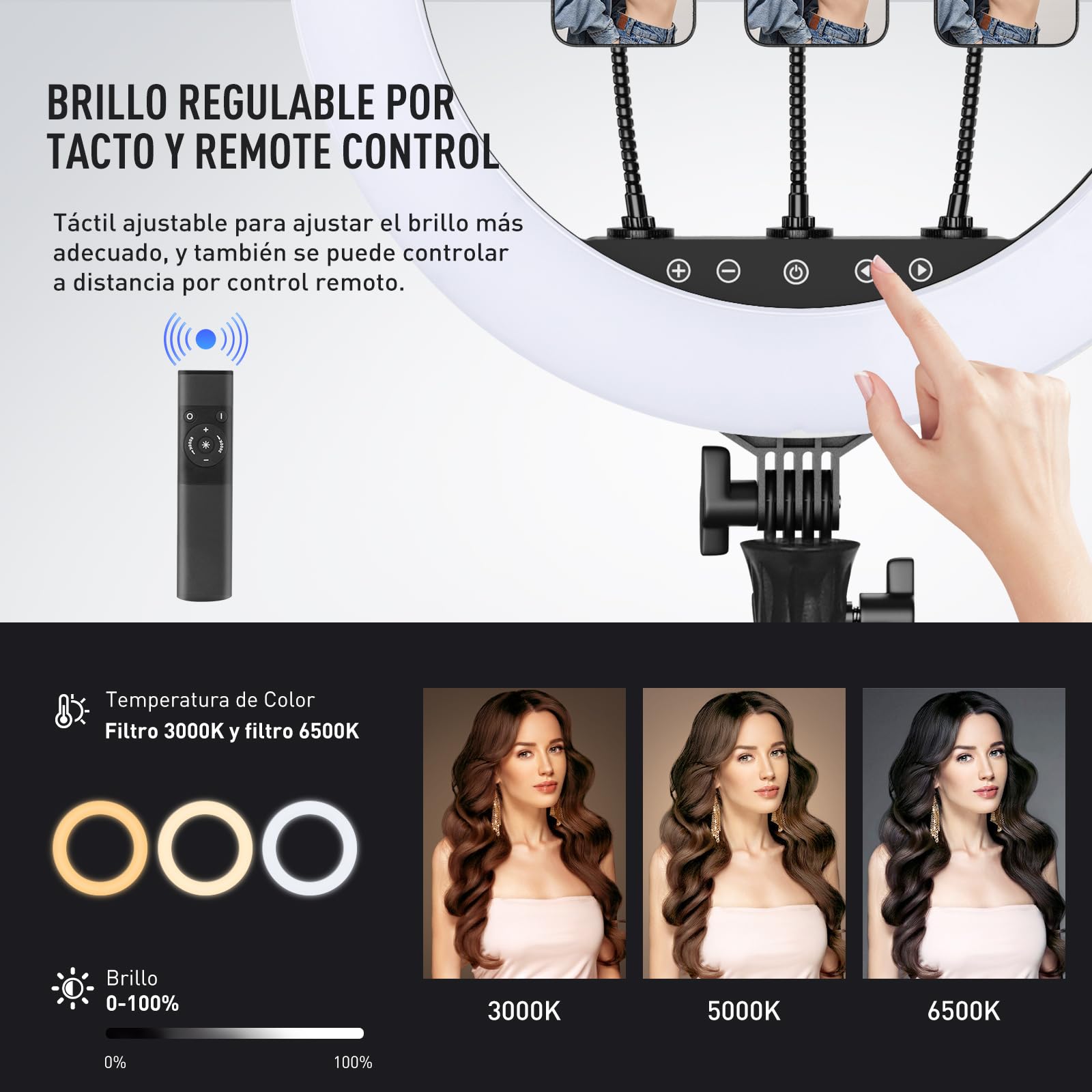 Aro de Luz Profesional Regulable LED 18"/45cm 3000-6500K Soporte para Micrófonos y Tarjetas de Sonido Fotografía Ring Light Peluquería Cámara Profesional TikTok Youtube
