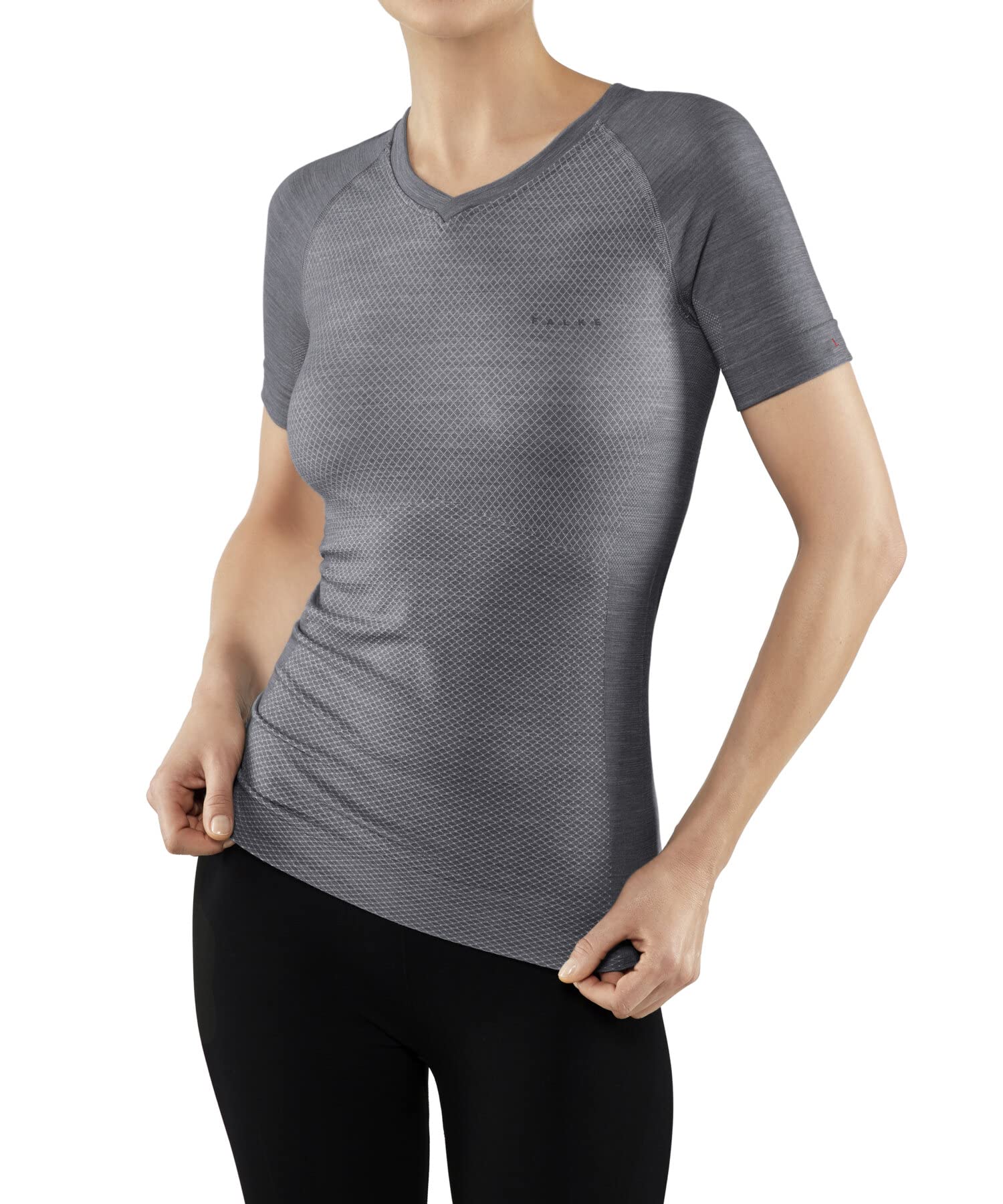 FALKE Kobiety Warstwa podstawowa (góra) Wool-Tech Light V Neck W S/s Ts wełna materiał funkcjonalny regulujące klimat 1 Sztuka, Szary Grey-Heather 3757, L