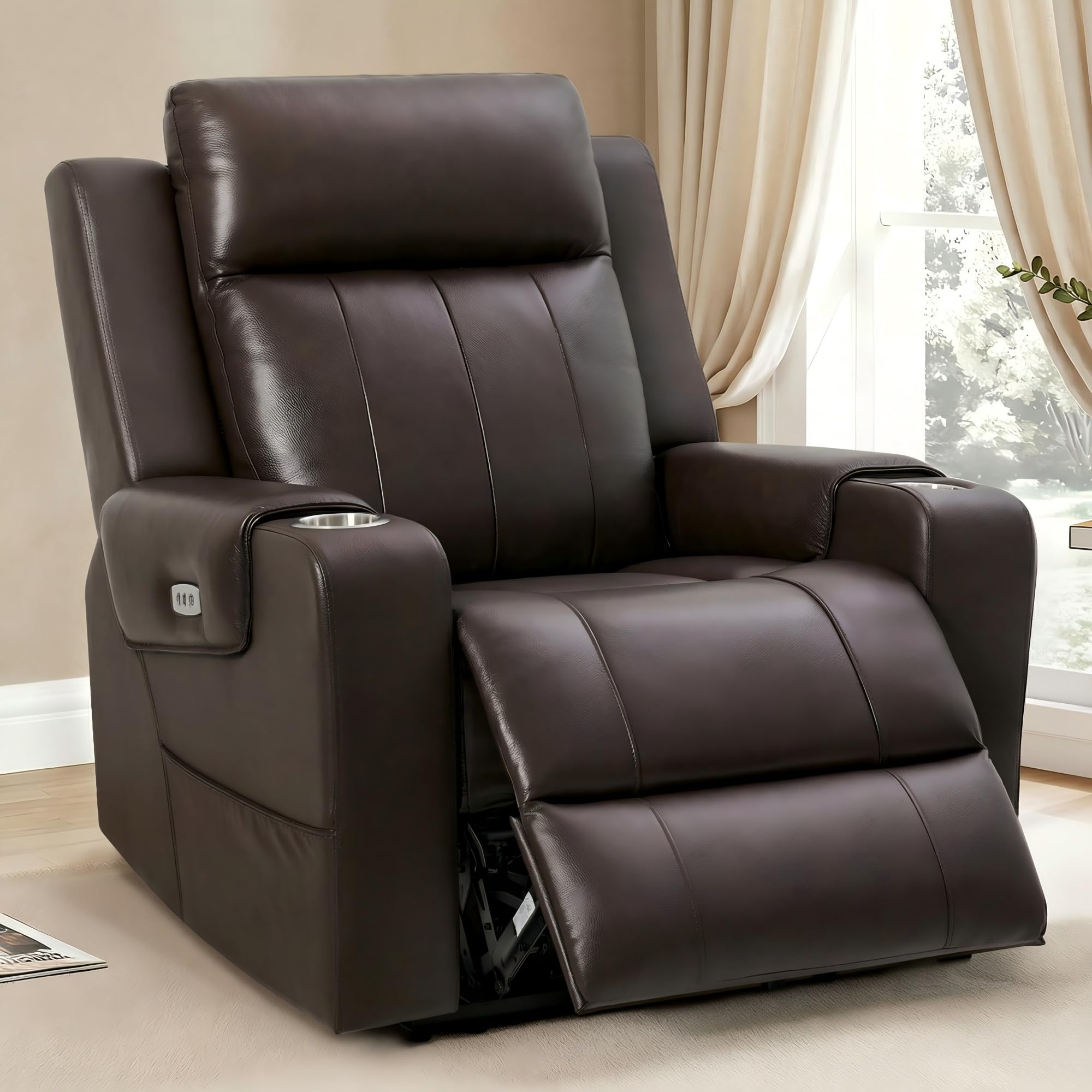 FLEXISPOT Truffle Genuine Leather Power Recliner w/ 1.2" Wall-Hugger Clearance, Electric Zero-Wall RV Recliner w/Adjustable Headrest, Massage & Heat,