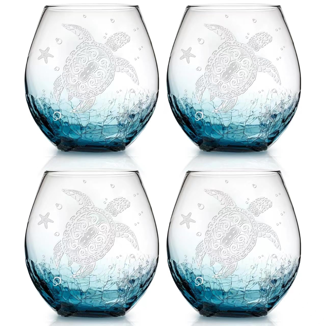 Sea Turtle Weingläser ohne Stiel – Schildkröte Weingläser Set von 4 Stück, Craquelé-Design, Weihnachten, 540 ml (weiß)