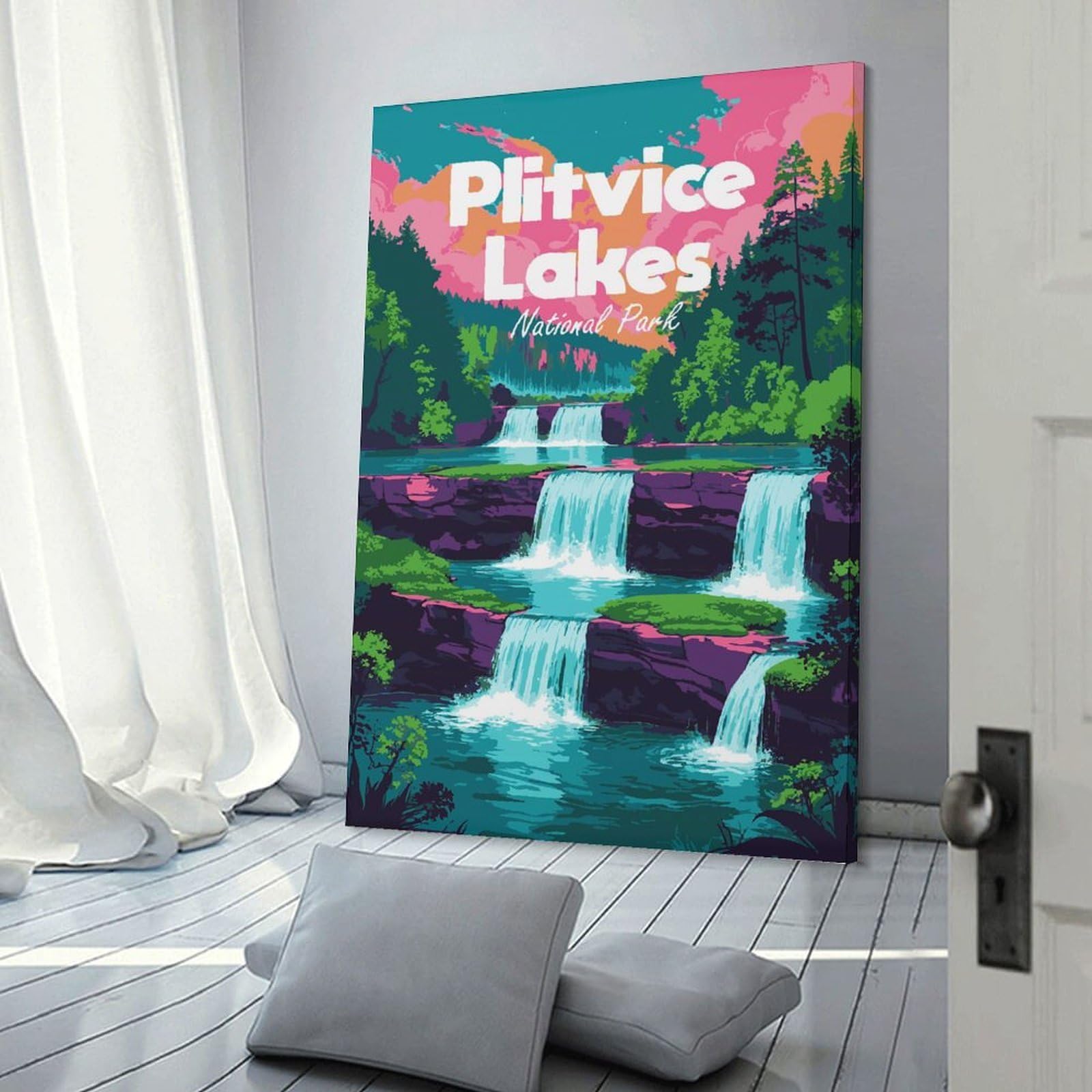 Junmoney Decorative Wall Artwork Plitvice Lakes National Park Illustration, 16x24inch(40x60cm), for Calm Bedrooms, Home Corners Or Flats, An Easy Wall Refresh for Bedrooms