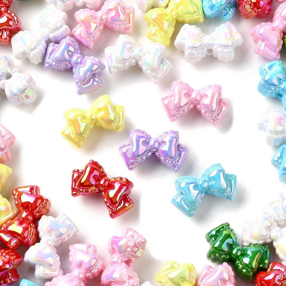 Ornazy 200Pcs Opaque UV Plating Bowknot Beads Cute Mixed Color Acrylic Bow Tie Beads for Jewelry Making Bracelet Accessories