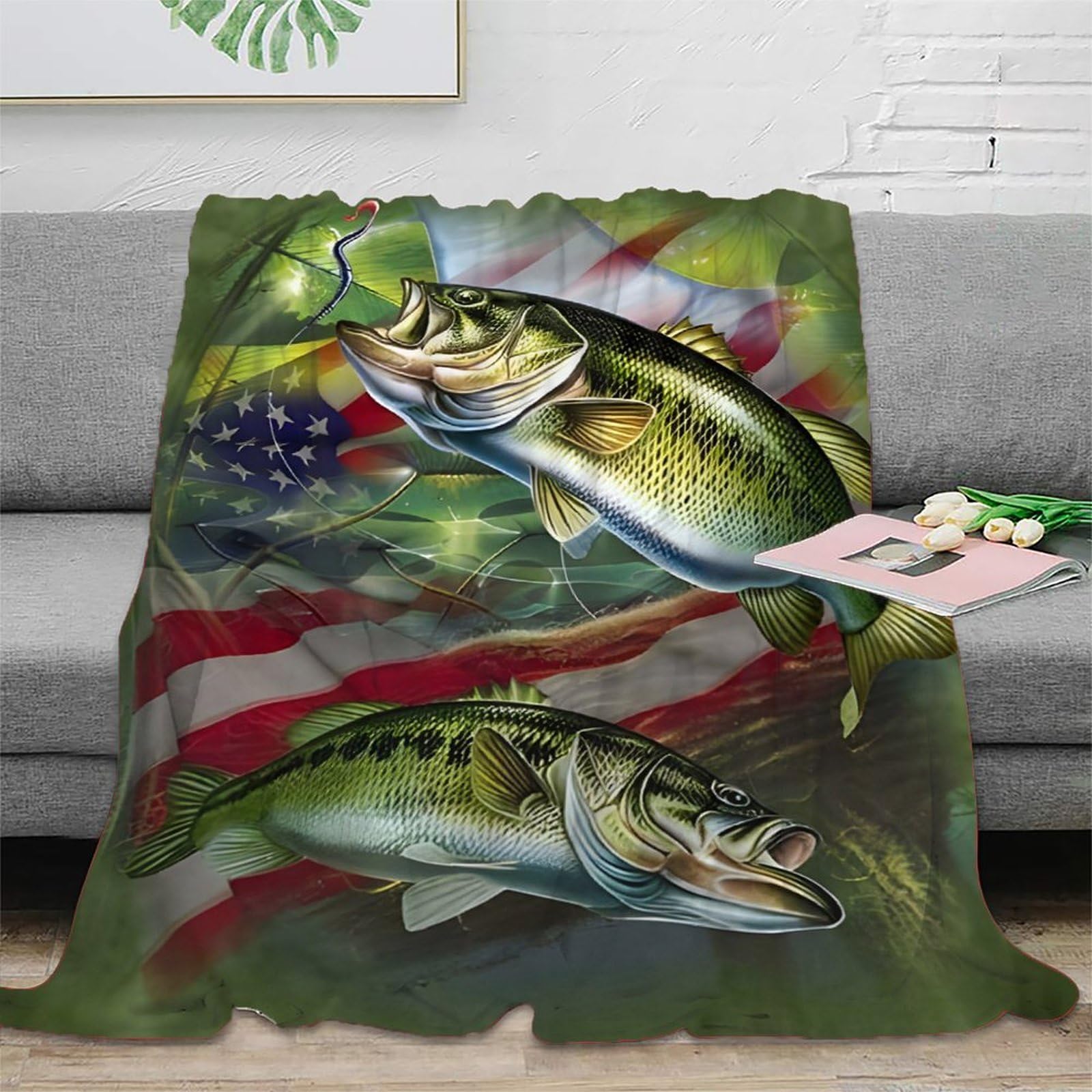 Couverture bass fish 3D en microfibre 150x200cm plaid toutes saisons