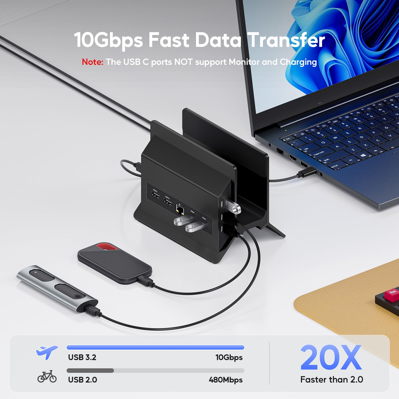 11-in-1 USB C Docking Station Doppio Monitor, Supporto Verticale per Laptop con 2xHDMI 4K 60Hz, USB A/C 10 Gbps, USB A 5 Gbps, Ethernet, PD3.0 Docking Station per Laptop Type-C, Black