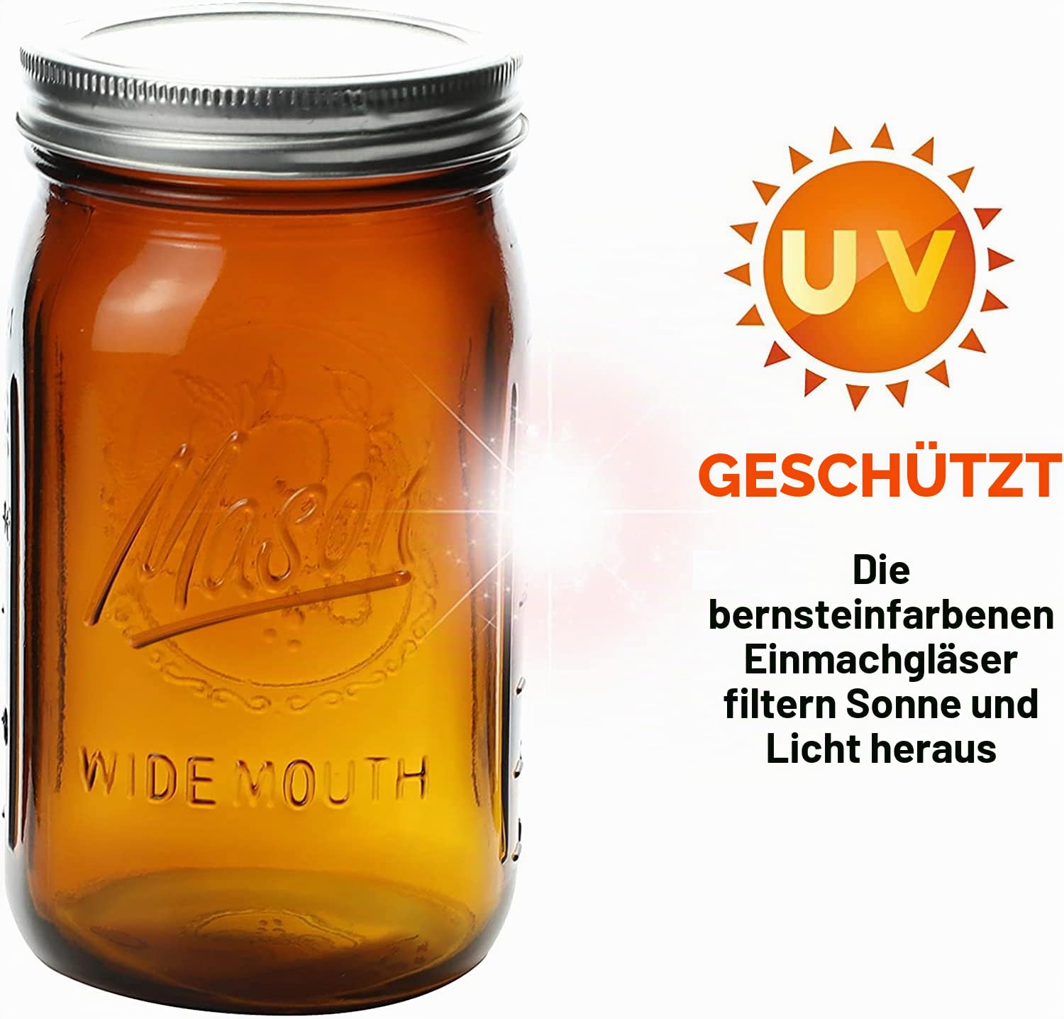 Bedoo Einmachgläser mit breiter Öffnung, 900 ml, Deckel und Bändern, 6 Stück, Quart luftdichten Deckeln, klares Glas, (Set Stück) (breite Öffnung), bernsteinfarben