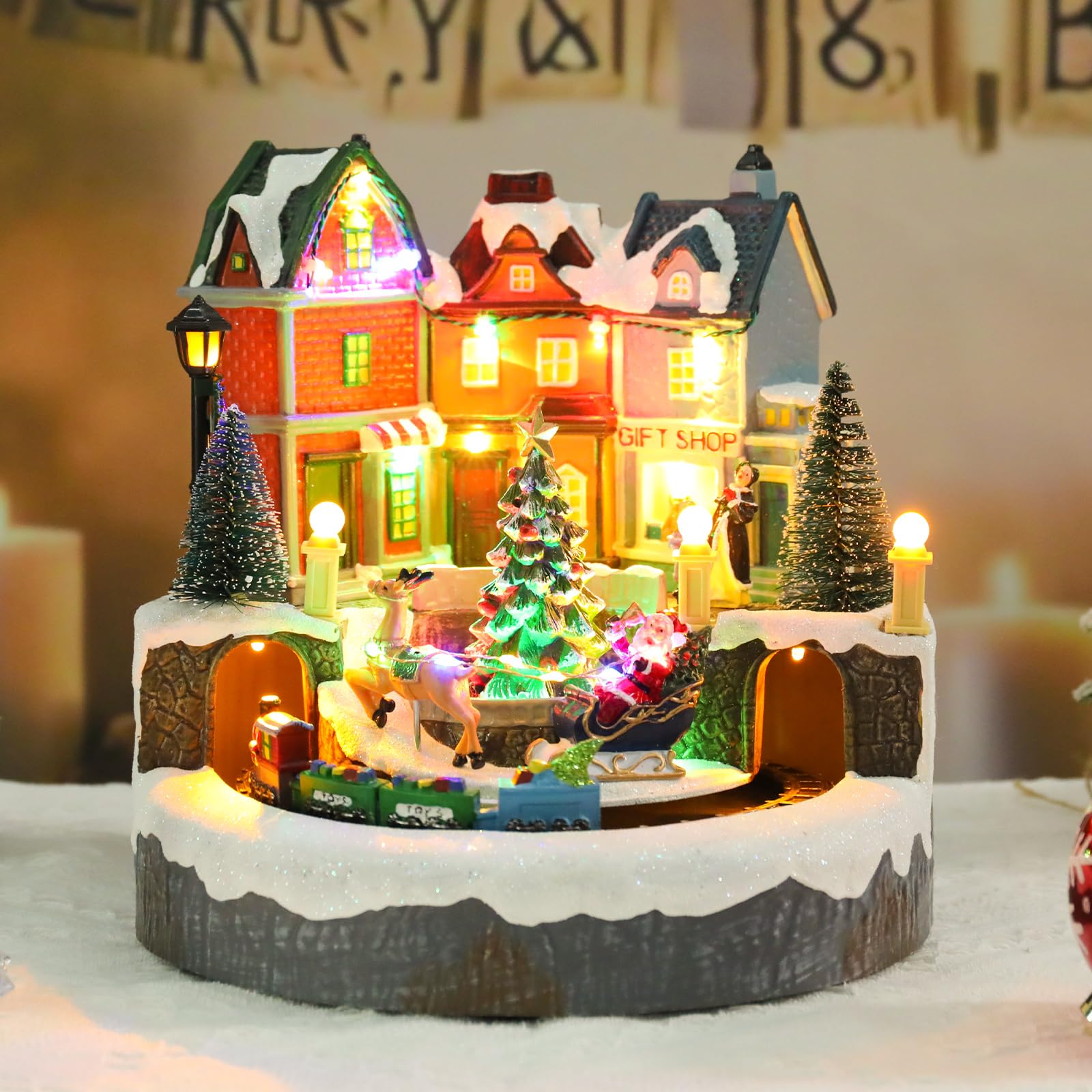 Casa de Navidad musical con luces LED y figuras coleccionables USB