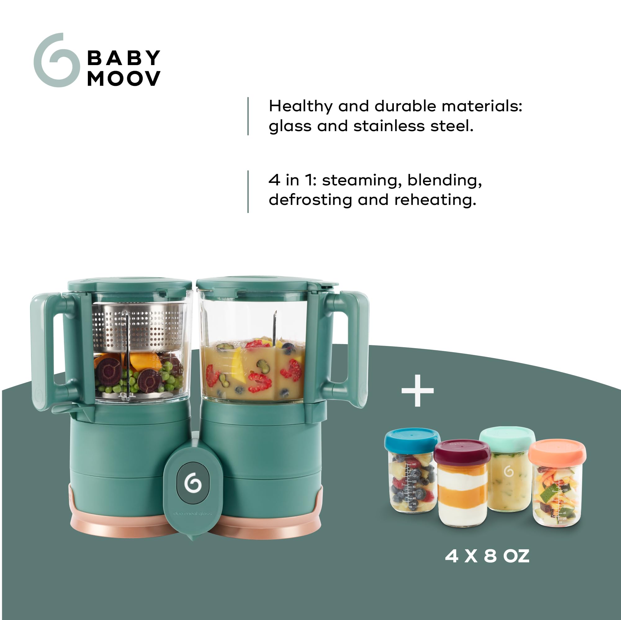 Babymoov Duo Meal Glass Exclusive Bundle - Eco-Friendly Baby Food Maker with Non-Toxic Glass Steamer & Blender, Stainless Steel Basket, XL Capacity (Set of 4 Glass Containers Included)