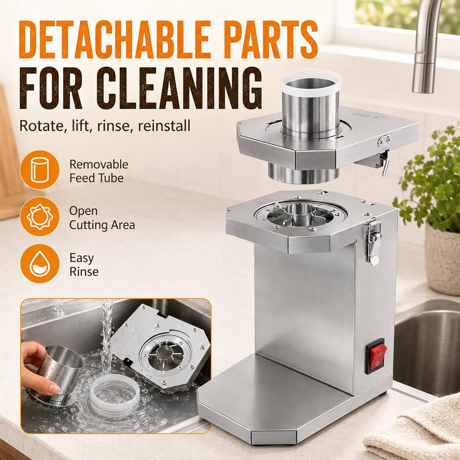 Desgranadora compacta de Acero Inoxidable para encimera | La cuchilla dentada y el interruptor único agilizan el trabajo, mientras las piezas desmontables reducen residuos ocultos.
