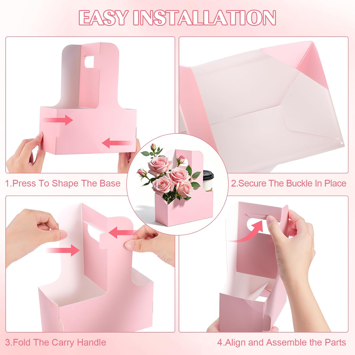 [24Pcs] 2 Cup Pink Drink Carrier with Handle, Disposable Coffee Cup Holder | Portable Drink Caddy, Heavy-Duty, Paper Cardboard Cup Carriers Foldable to go Cup Holder Food Delivery Accessories Bouquet