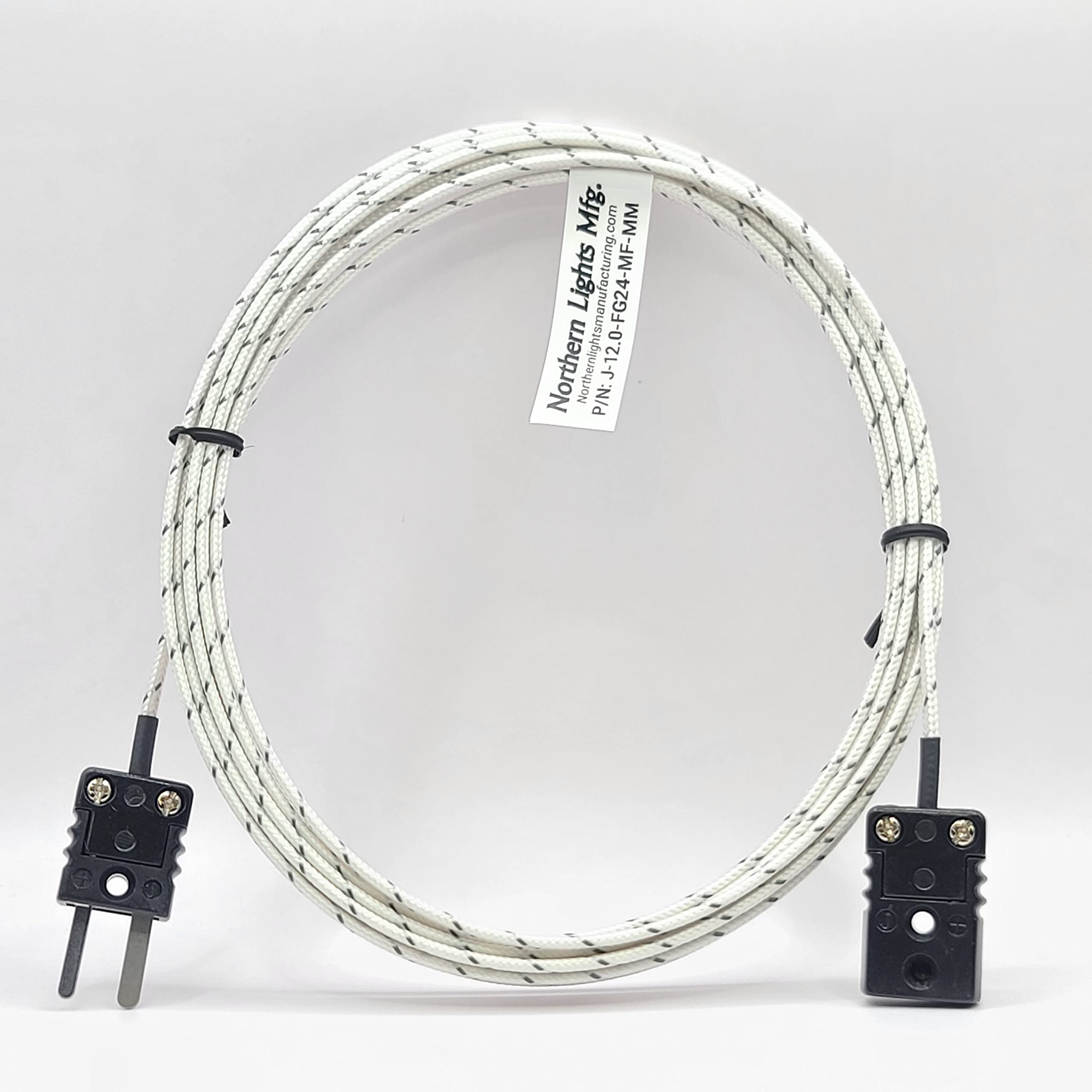 Thermocouple Extension, Type-J, Fiberglass Insulation, 12ft, Mini-Female to Mini-Male