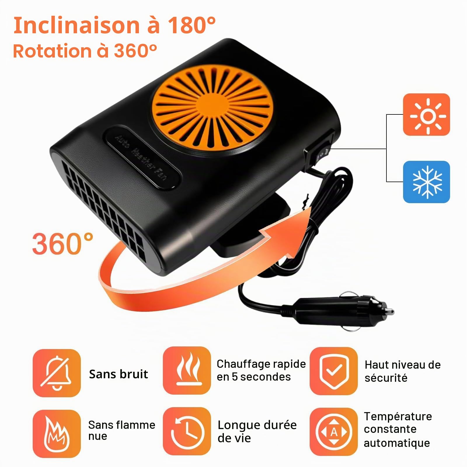 Chauffage de Voiture, 12V 200W Mise à Niveau Portable 2 en 1 Chauffage électrique et Froid, dégivreur avec fiches dans l'allume-Cigare, dégivreur Rapide avec dégivreur Rotatif à 360 °