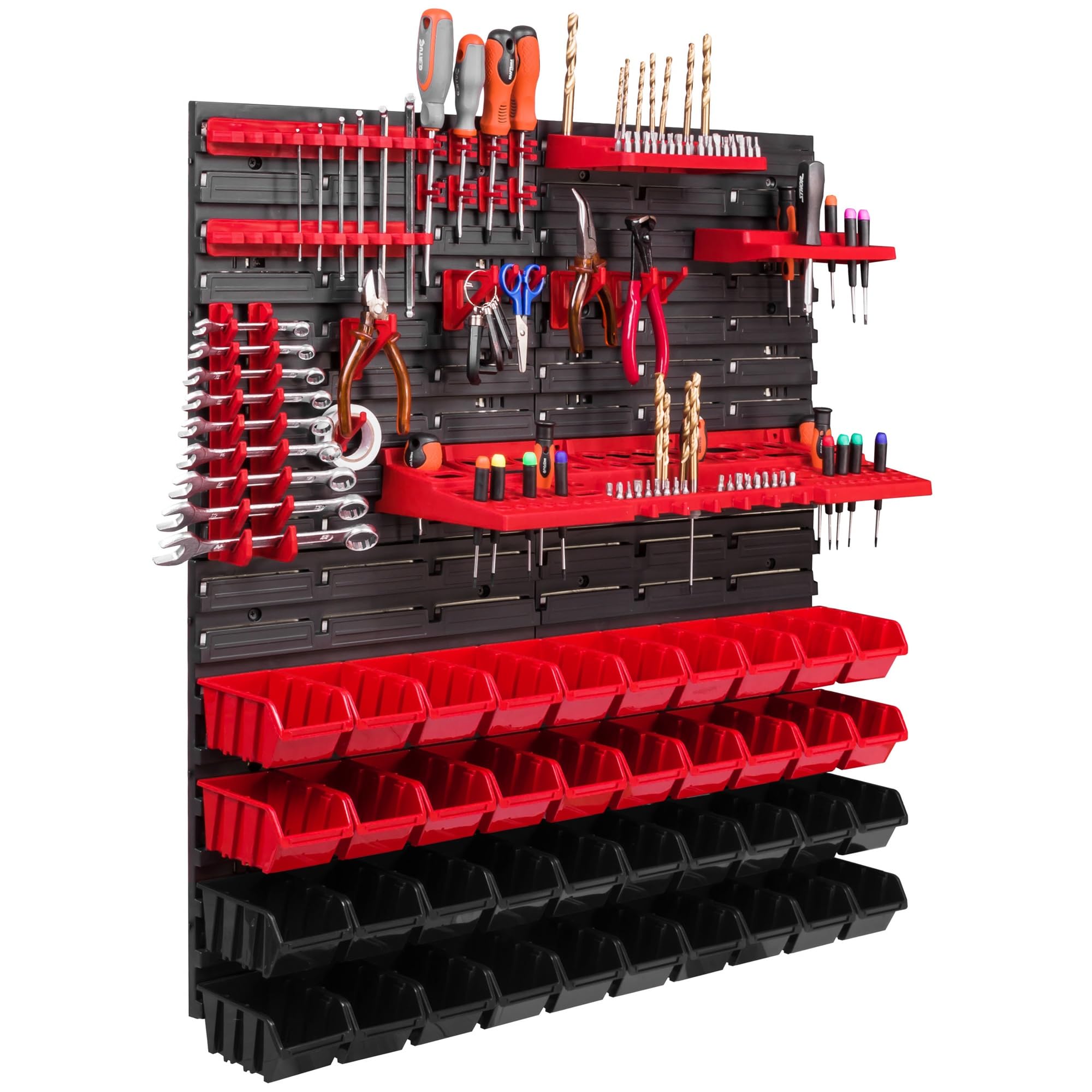 System Rack XXL 172 x 78 cm Wall Shelf Stacking Boxes Tool Wall Tool Holder Storage Cabinet Plastic Box Red Black