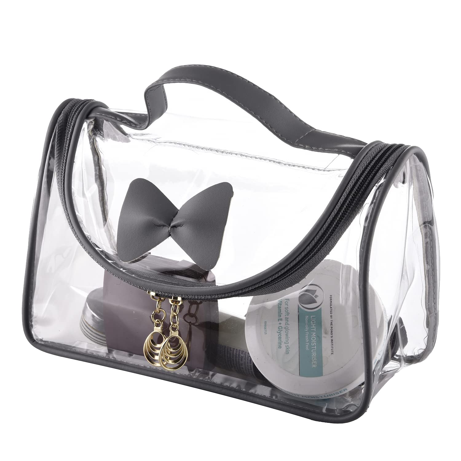 Kuber Industries Toiletry Kit|PVC Bow Design U Shape Chain Makeup Pouch for Woman|Transparent Waterproof Cosmetic Organizor with 30 mm Handle (Gray)-image-27