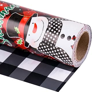 LeZakaa Christmas Wrapping Paper Mini Roll, Snowman & White Black Buffalo Plaid Xmas Reversible Design, Holiday Party Gift Wrap for Kids Boys Girls, 17 in x 32.8 Ft