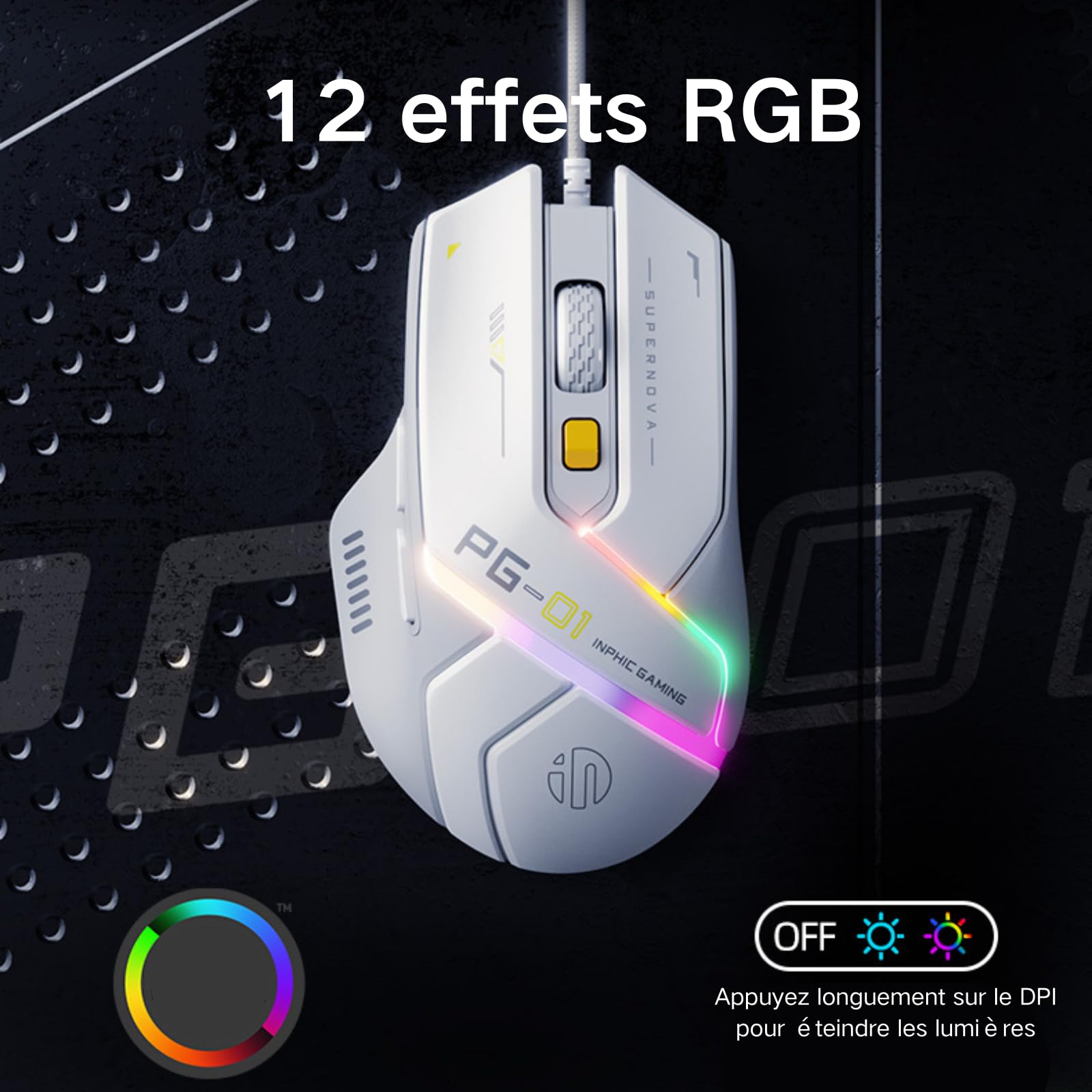 Souris gaming filaire, 12800 DPI réglables, 6 boutons programmables, 12 boutons RGB respirants, souris de jeu optique USB ergonomique, PC, ordinateurs portables et ordinateurs de bureau (blanc)