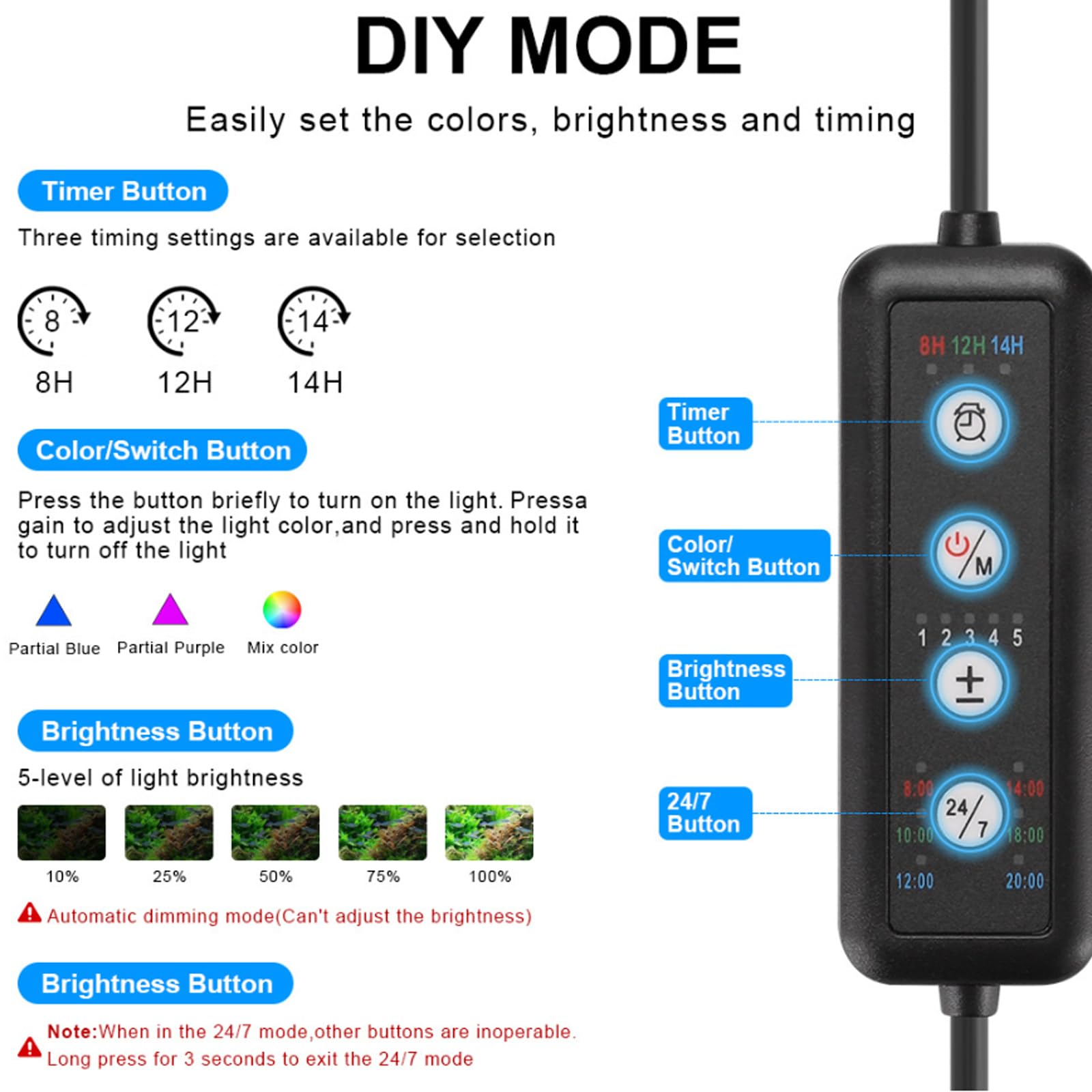 Lampada a morsetto LED 8W per acquario 24/7, 5 livelli luminosità 3 timer
