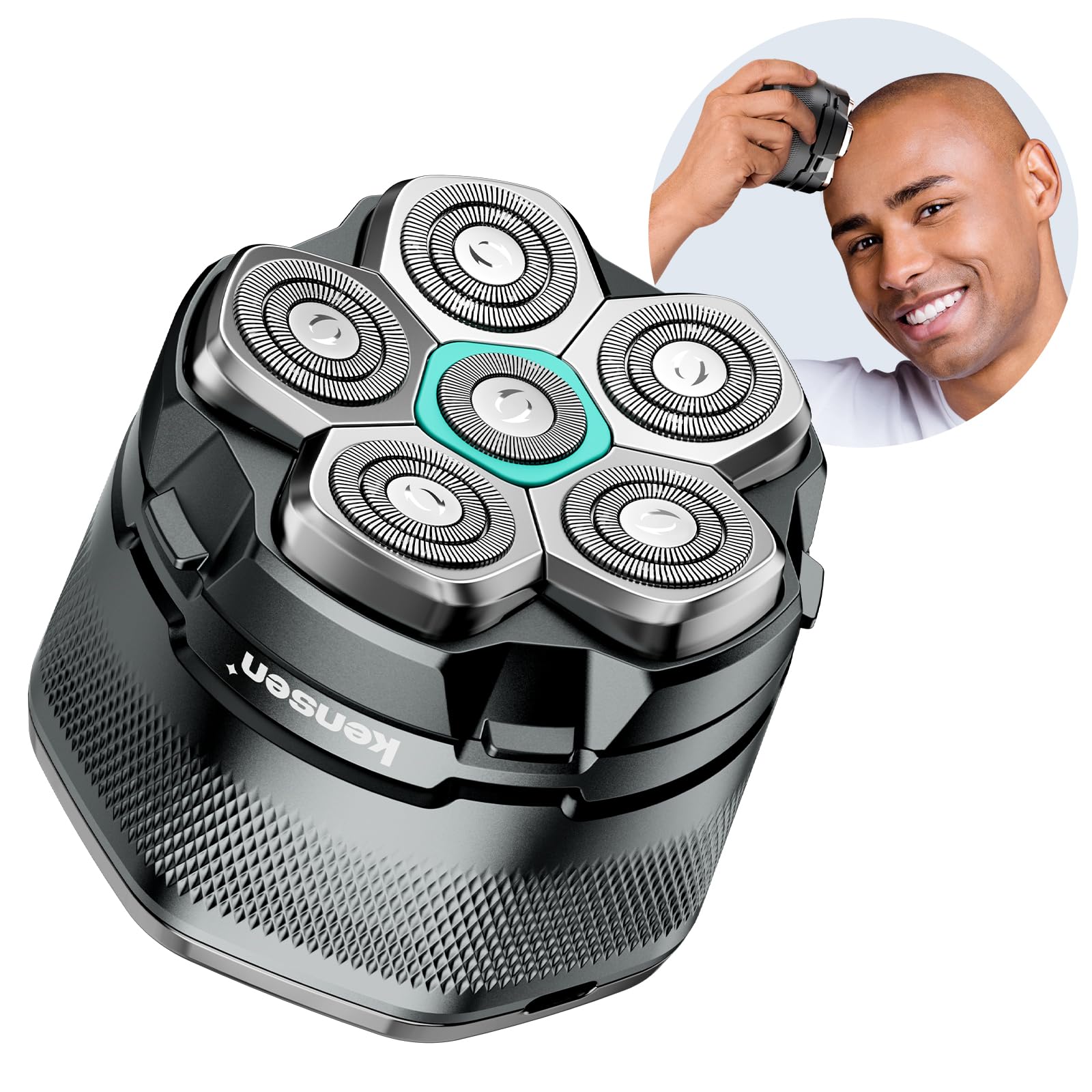 KENSEN Afeitadora Cabeza Hombre IPX6 Impermeable, Maquina Afeitar Cabeza para Calvo 180 mins Uso, 6D Cabezales Magnéticos Maquinilla Afeitar Cabeza en Seco y Húmedo con Pantalla LED,USB-C