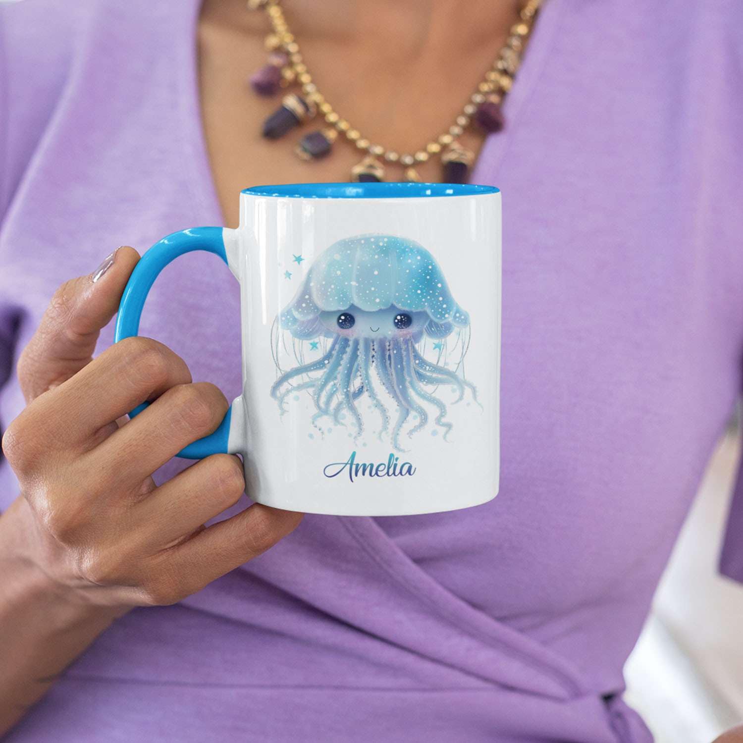 Tmtior Kawaii Anime Ceramic Mug - 17 Oz Handmade Tea Cup, Cute Pink Jellyfish Design, Dishwasher Safe