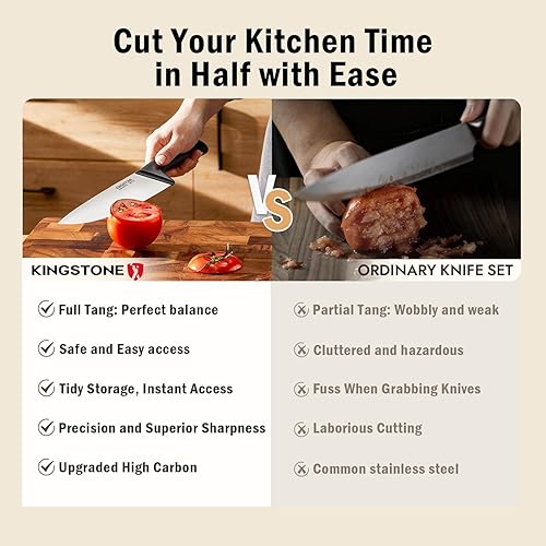 Miniatura 5 de KINGSTONE Juego de cuchillos de 14 piezas, cuchillos de acero inoxidable de alto carbono con asas ergonómicas antideslizantes, ultra afilados y