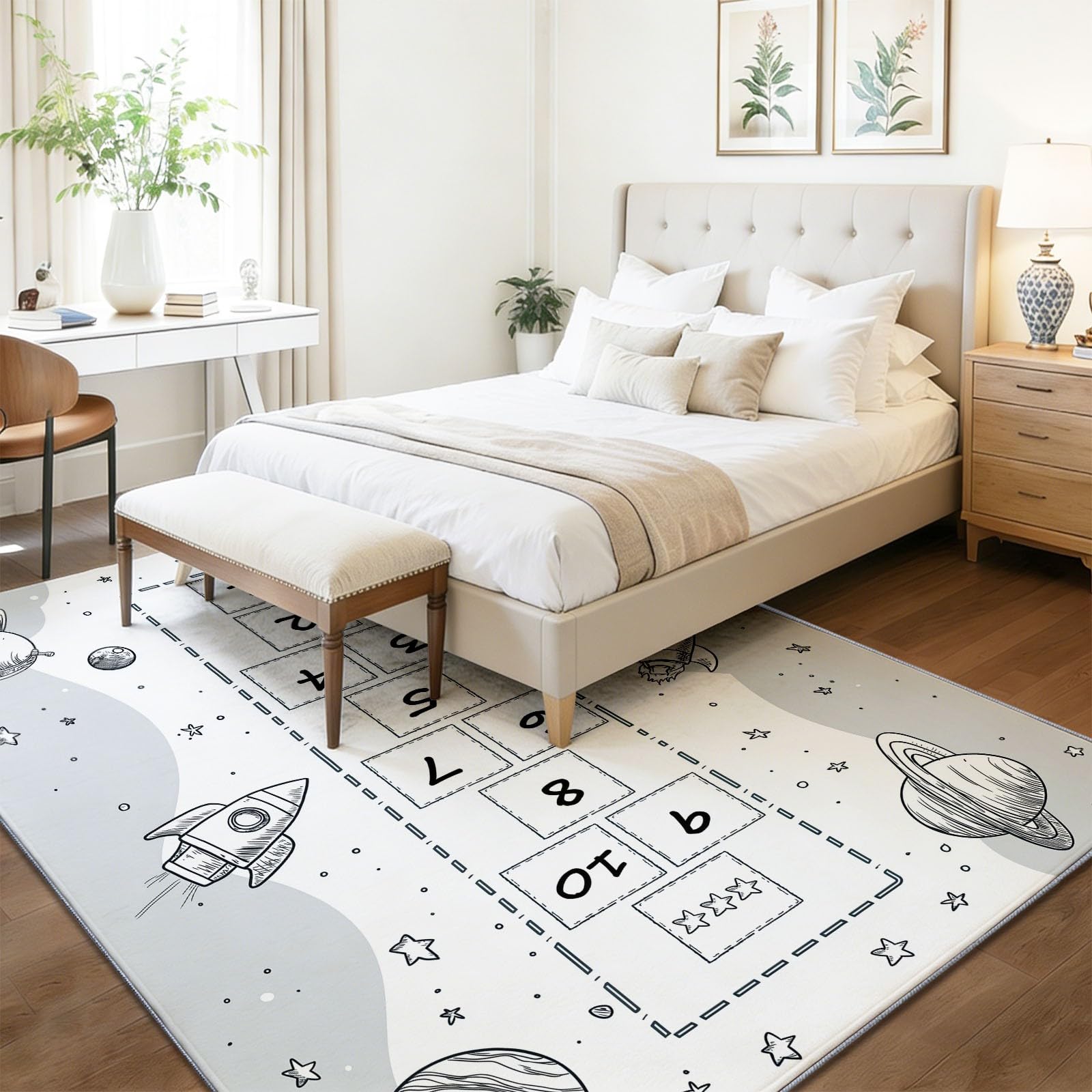Tapis Salon 120 x 170 cm, Lavable Antidérapant Tapis, Thème De l'espace Marelle pour Enfants Carrés Imprimé Carpette pour la Chambre la Salle à Manger et Bureau - Gris Low Poils