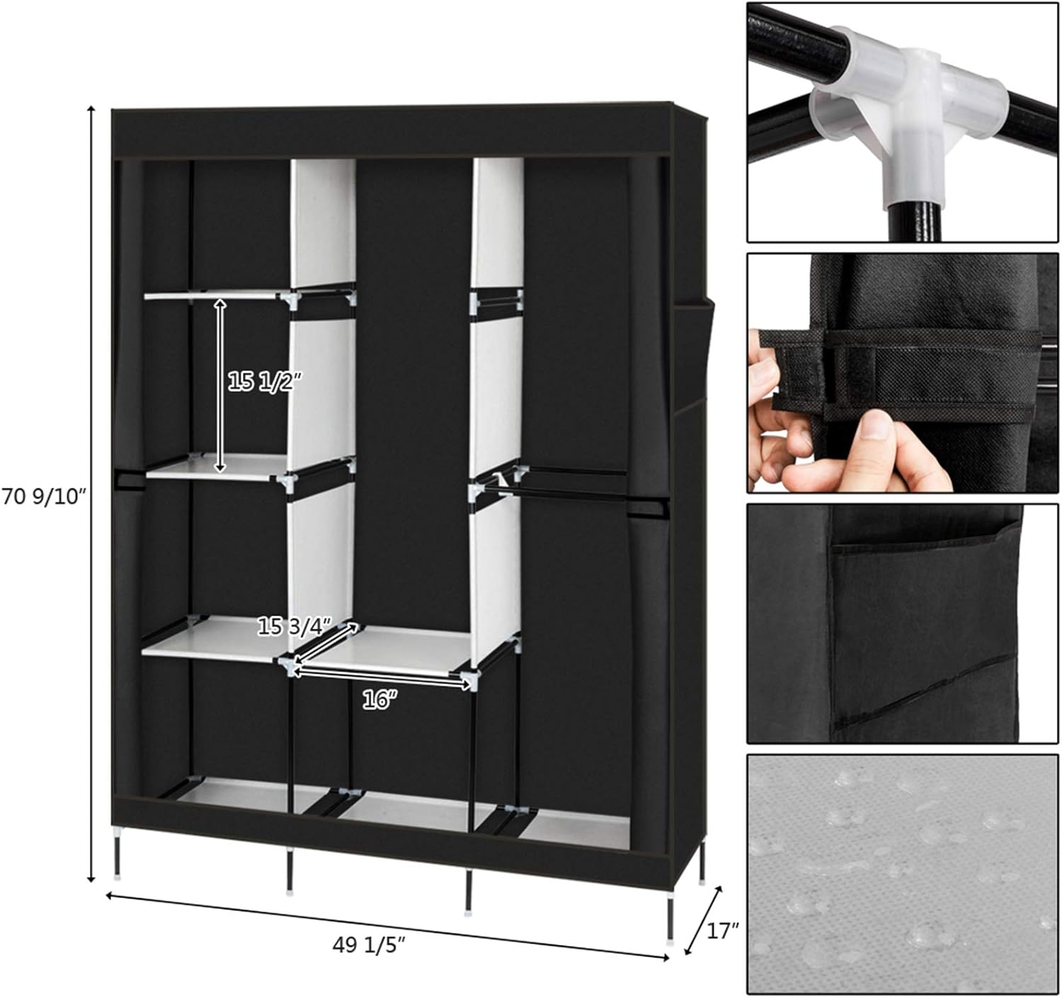71" Portable Closet Wardrobe Clothes Rack Storage Organizer with Shelf Black Clothes Storage Organizer Closet ?for Home, Dorm, Garage etc. ?No-Tool Assembly